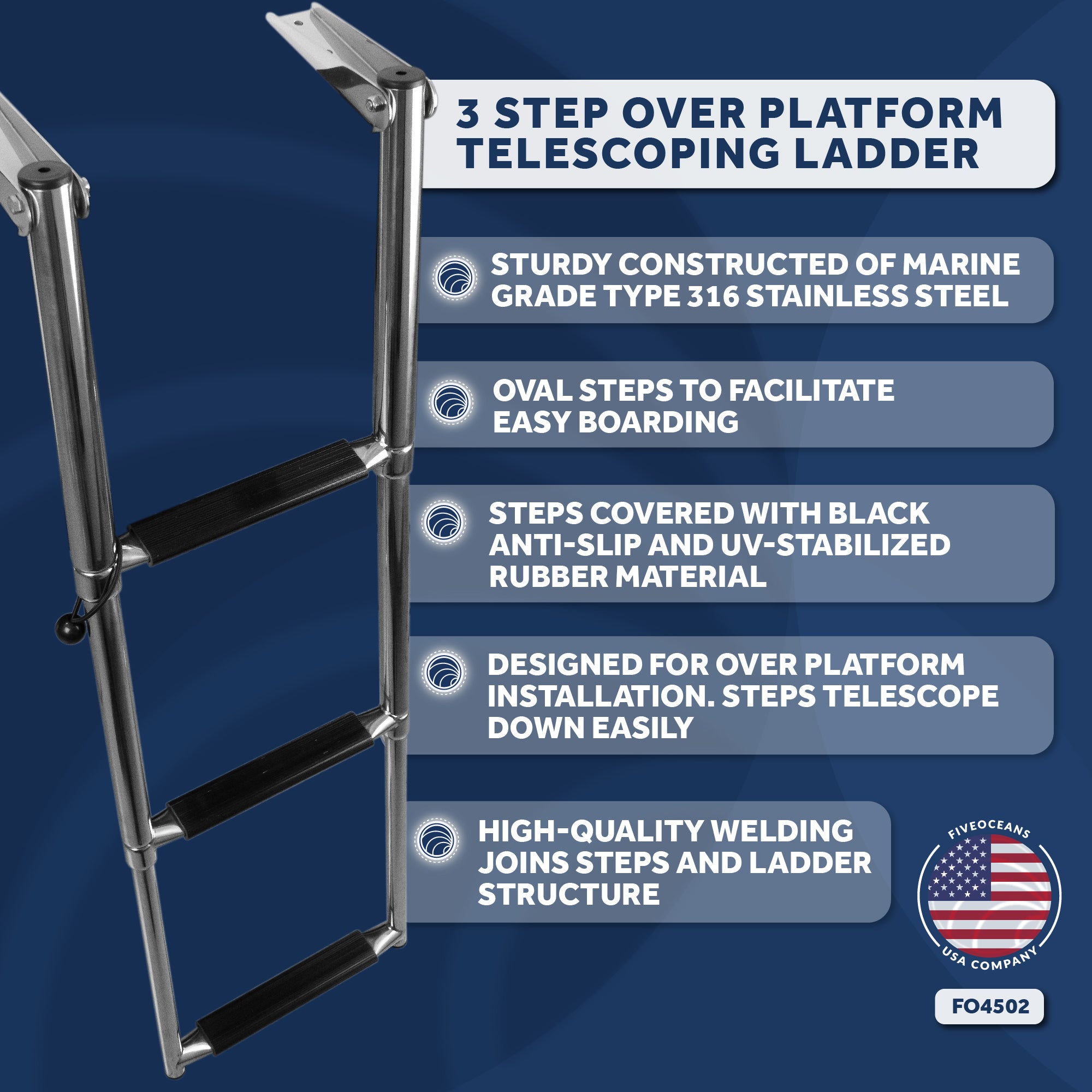 3 Step Boat Over Platform Telescoping Ladder, Stainless Steel - FO4502 - Five Oceans