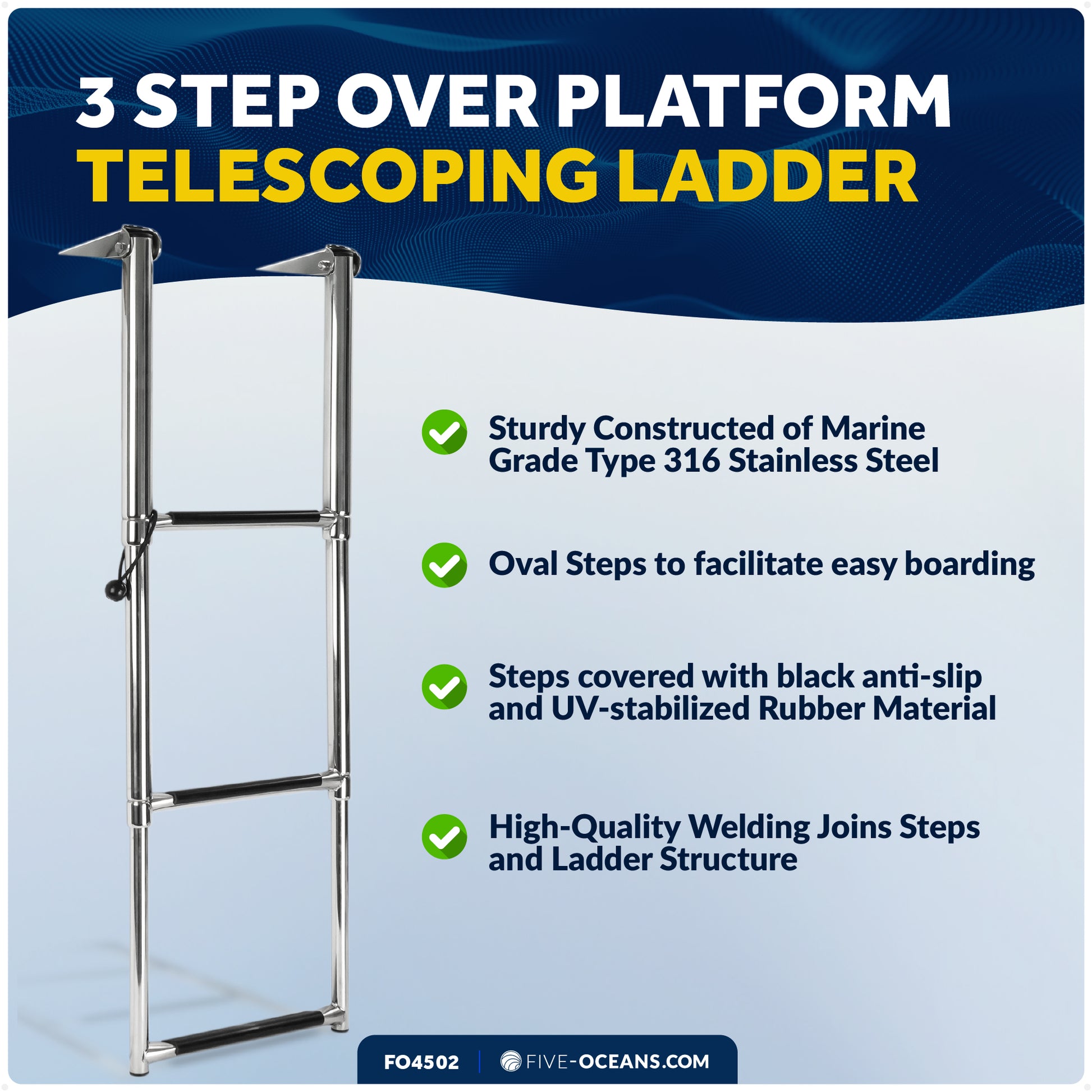 3-Step Over Platform Telescoping Swim Ladder, AISI316 Stainless Steel - FO4502 - Five Oceans