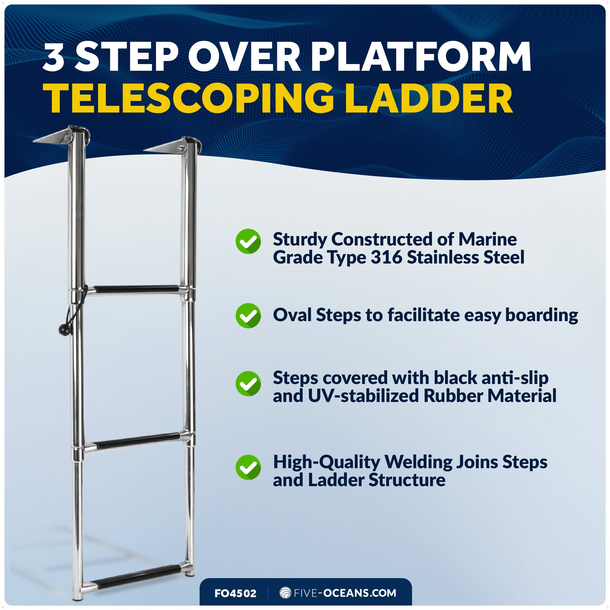 3 Step Boat Over Platform Telescoping Ladder, Stainless Steel - FO4502