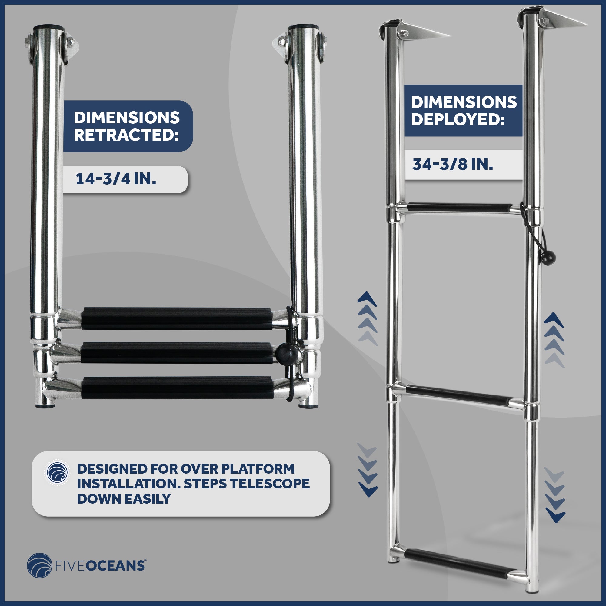 3 Step Boat Over Platform Telescoping Ladder, Stainless Steel - FO4502 - Five Oceans