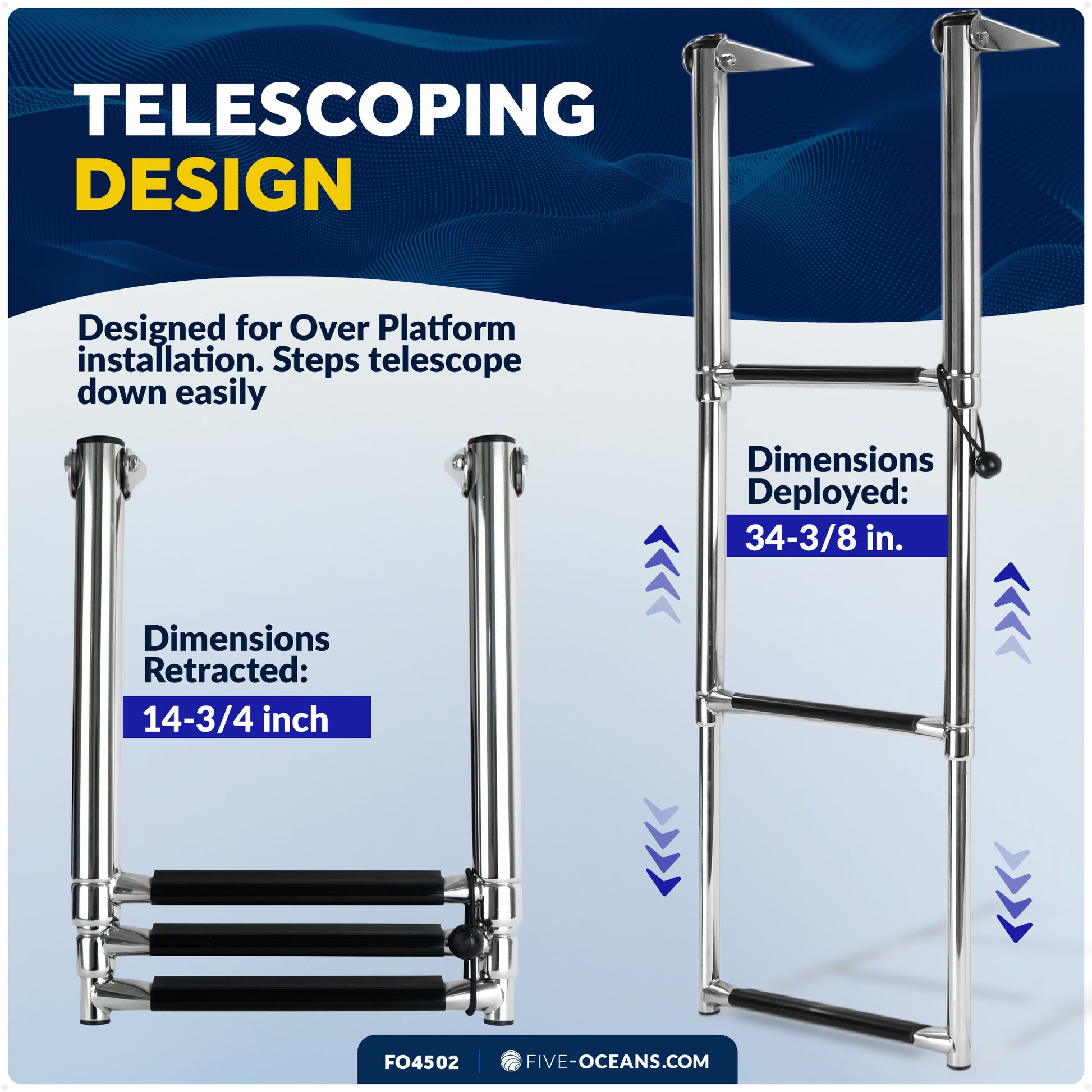 3-Step Over Platform Telescoping Swim Ladder, AISI316 Stainless Steel - FO4502 - Five Oceans