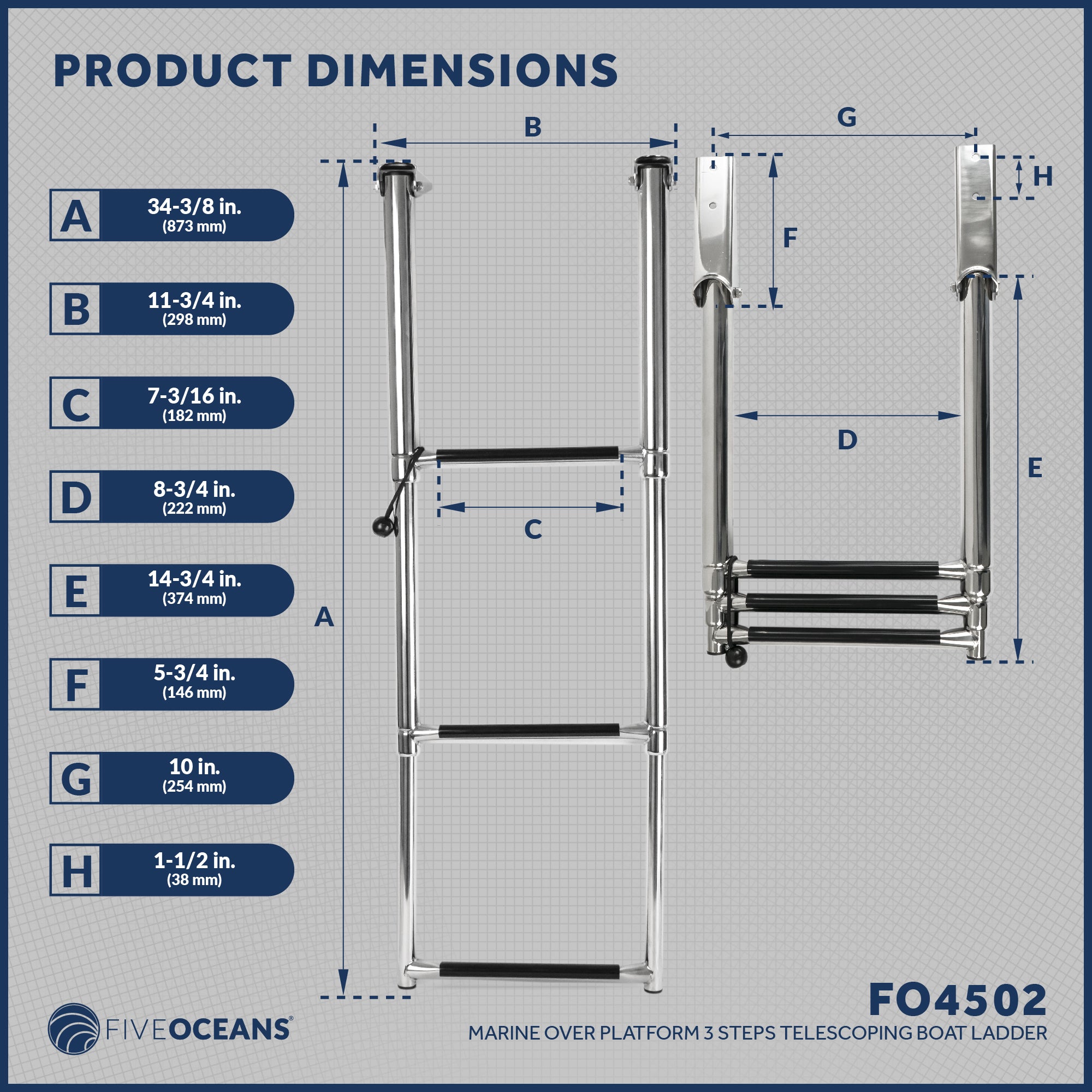 3 Step Boat Over Platform Telescoping Ladder, Stainless Steel - FO4502 - Five Oceans