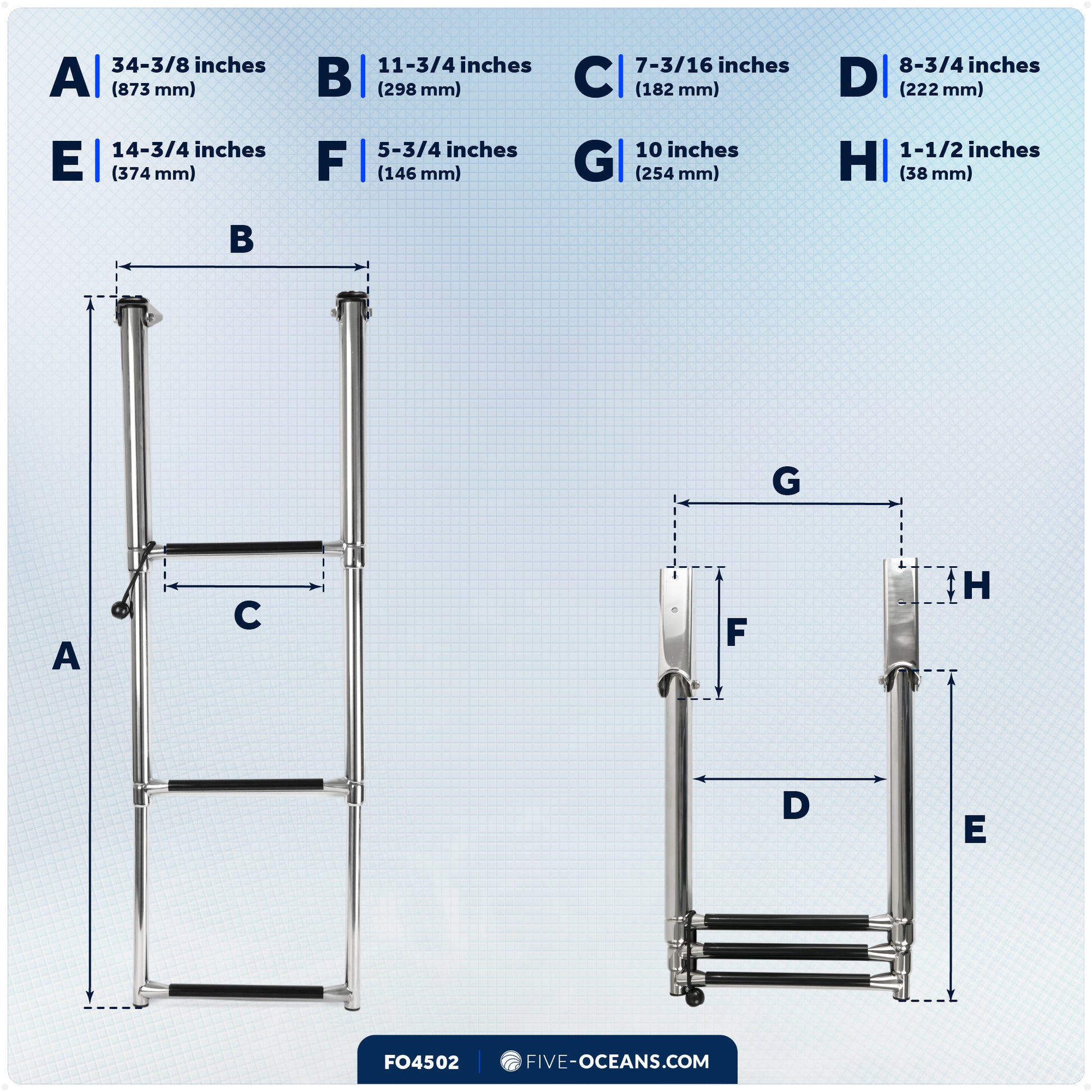 3-Step Over Platform Telescoping Swim Ladder, AISI316 Stainless Steel - FO4502 - Five Oceans