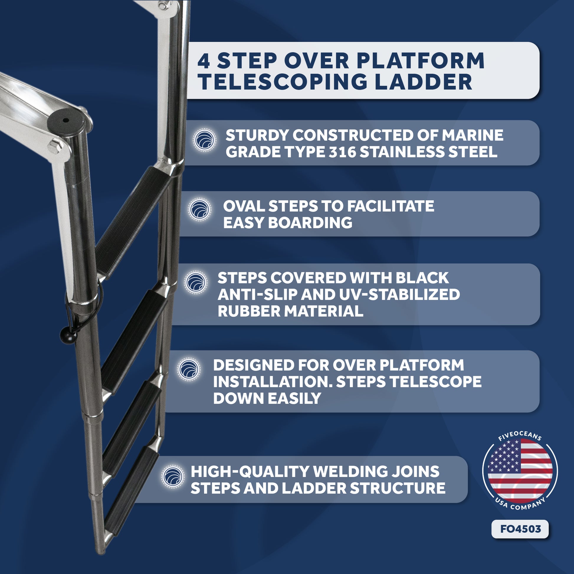 4 Step Boat Over Platform Telescoping Ladder, Stainless Steel - FO4503 - Five Oceans