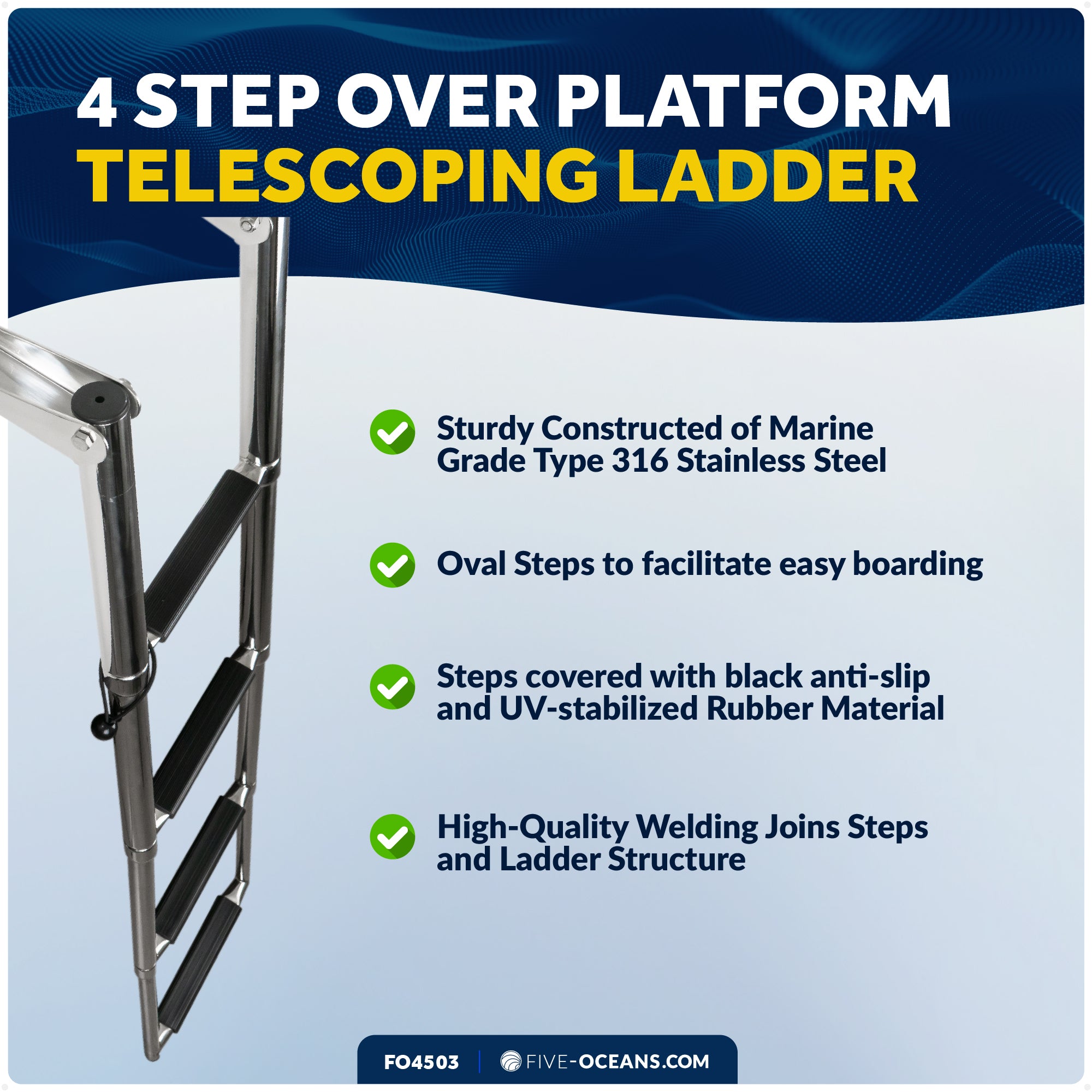 4-Step Over Platform Telescoping Swim Ladder, AISI316 Stainless Steel - FO4503 - Five Oceans