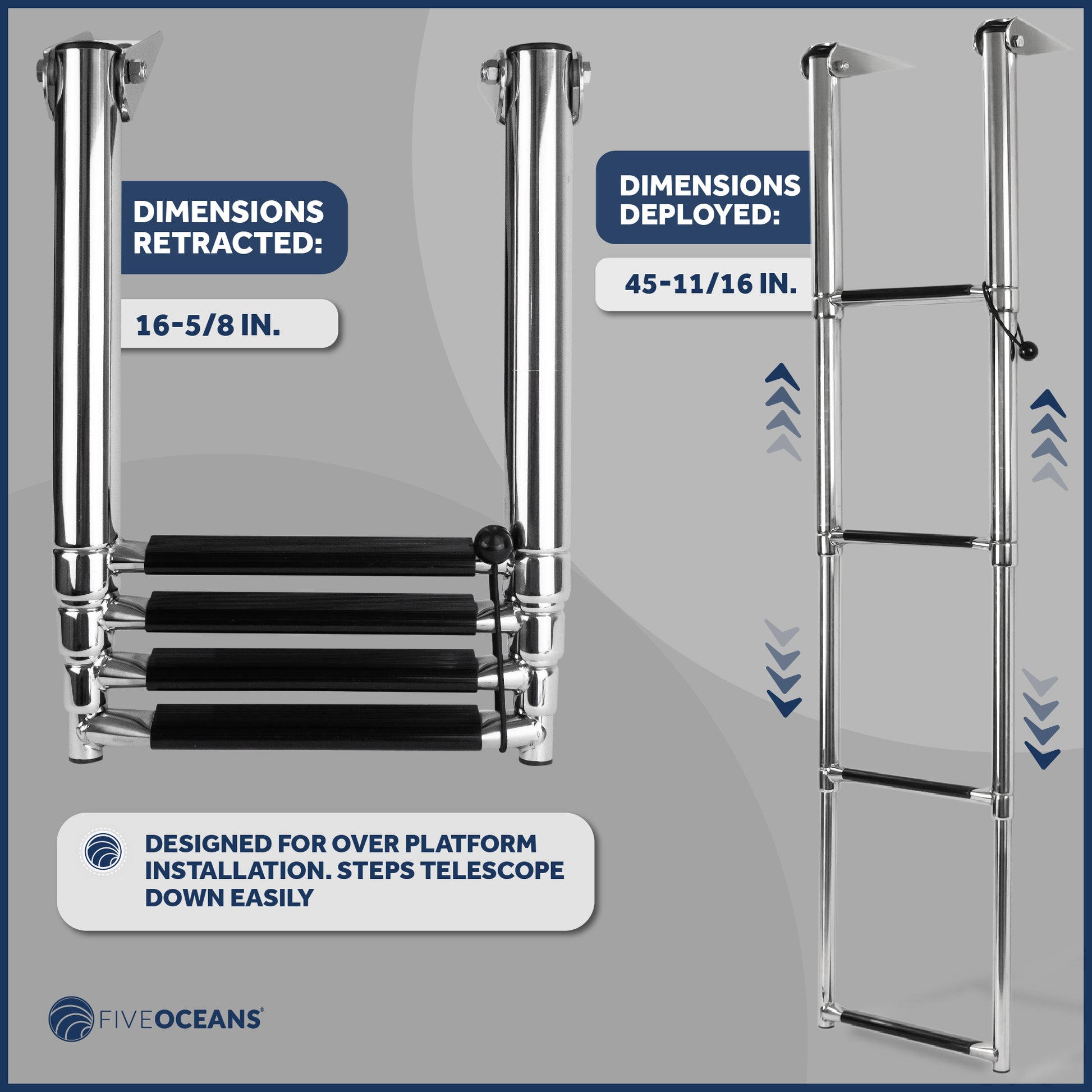 4 Step Boat Over Platform Telescoping Ladder, Stainless Steel - FO4503 - Five Oceans