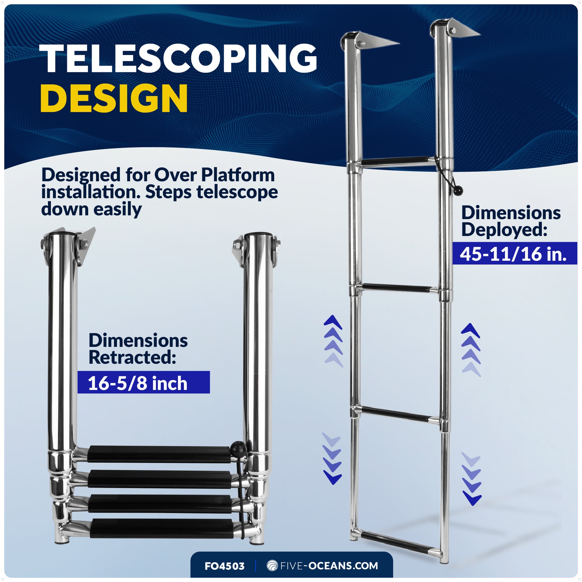 4-Step Over Platform Telescoping Swim Ladder, AISI316 Stainless Steel - FO4503 - Five Oceans