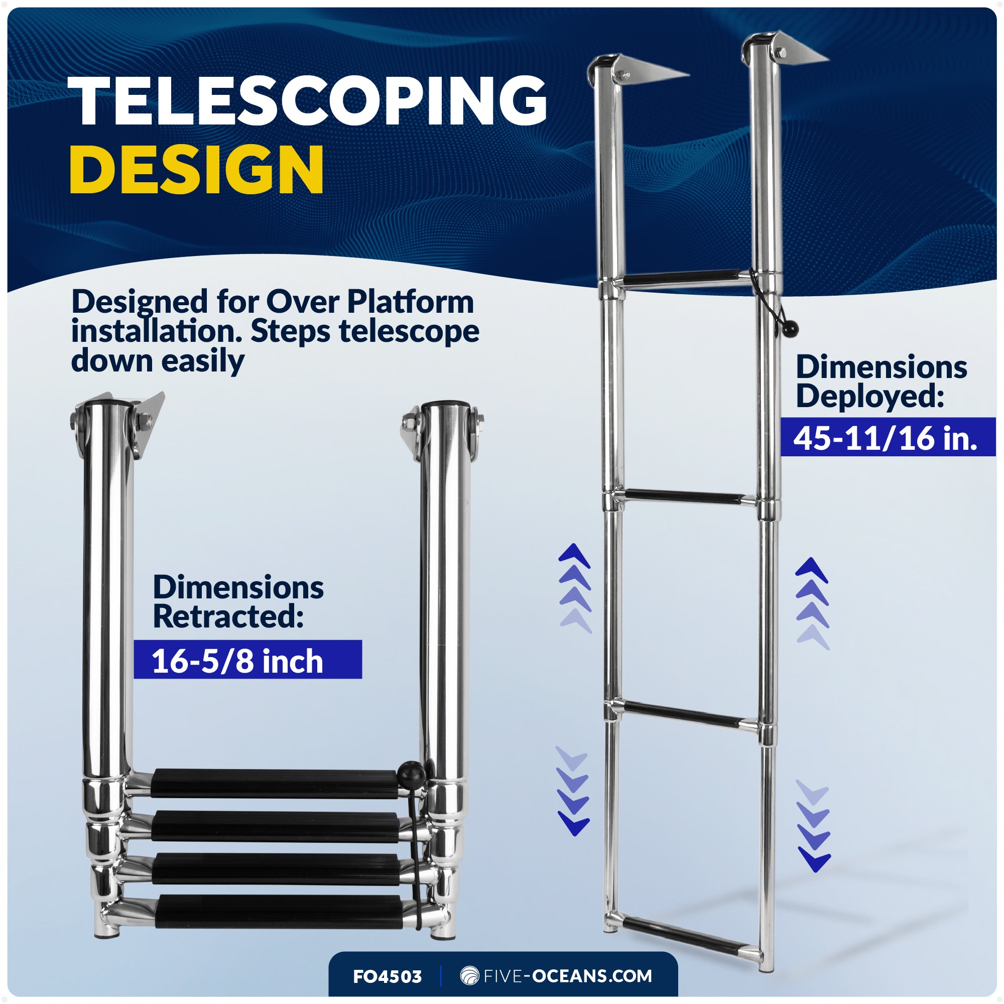 4-Step Over Platform Telescoping Swim Ladder, AISI316 Stainless Steel - FO4503 - Five Oceans
