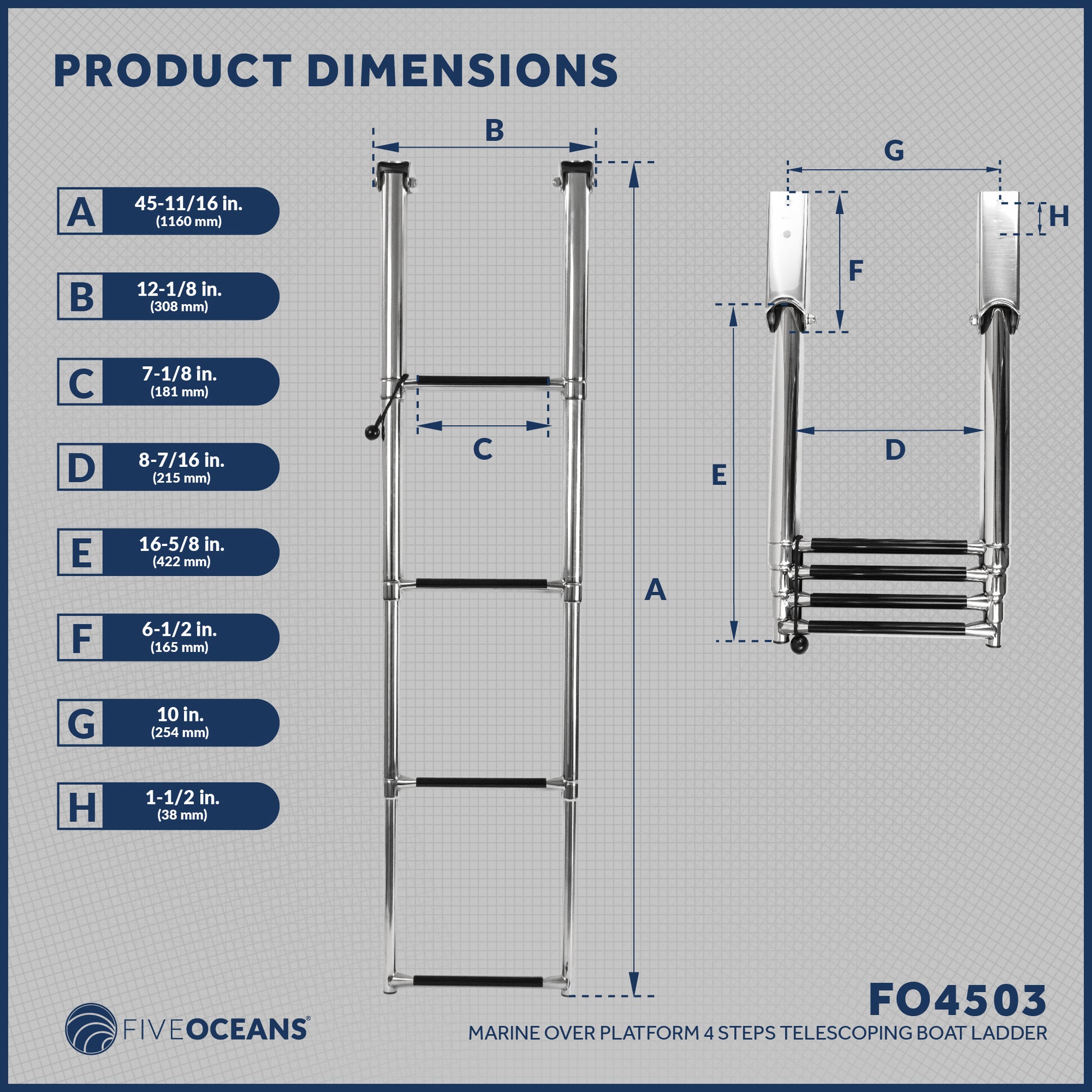 4 Step Boat Over Platform Telescoping Ladder, Stainless Steel - FO4503 - Five Oceans