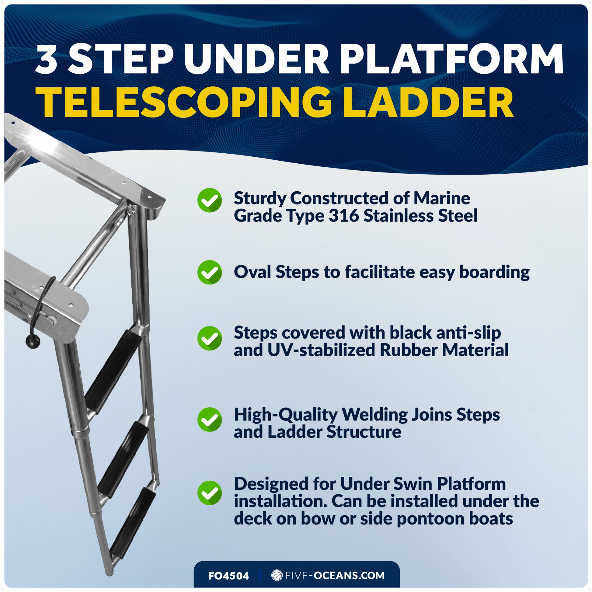 3-Step Under Platform Telescoping Swim Ladder, AISI316 Stainless Steel - FO4504 - Five Oceans