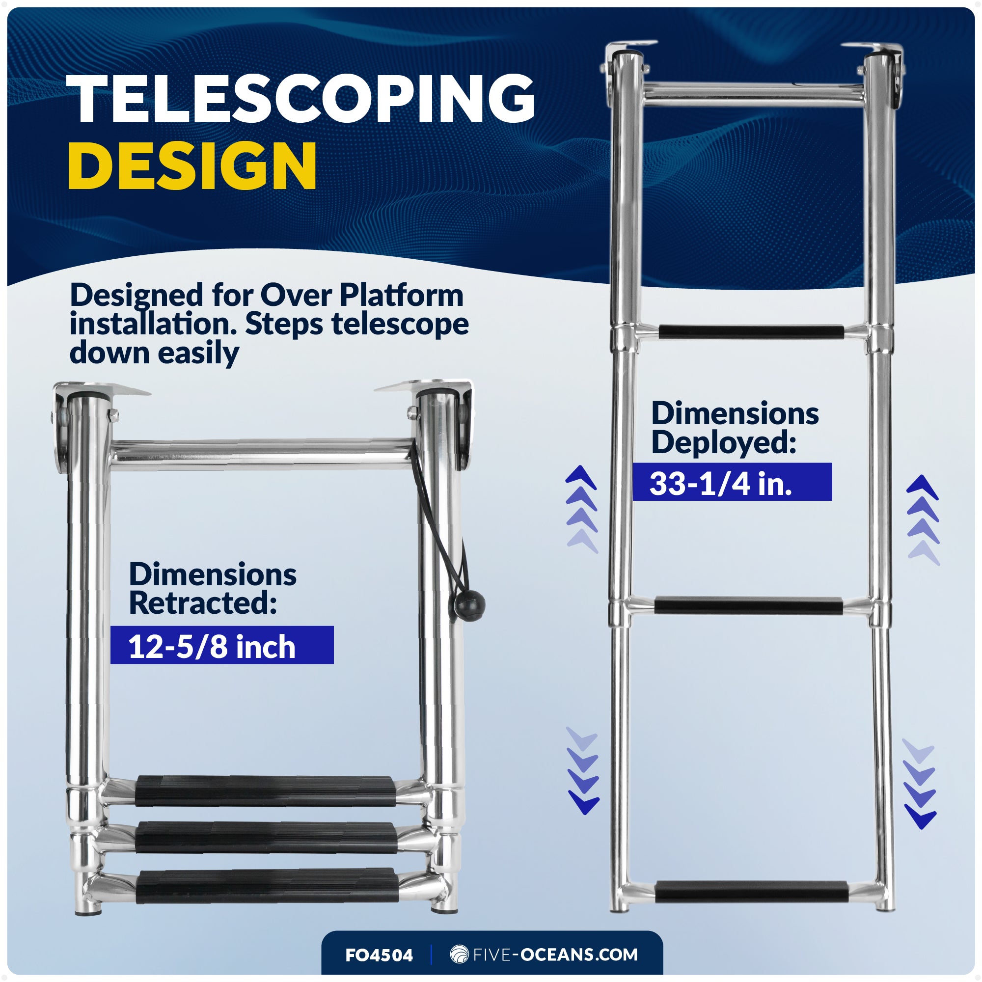 3-Step Under Platform Telescoping Swim Ladder, AISI316 Stainless Steel - FO4504 - Five Oceans
