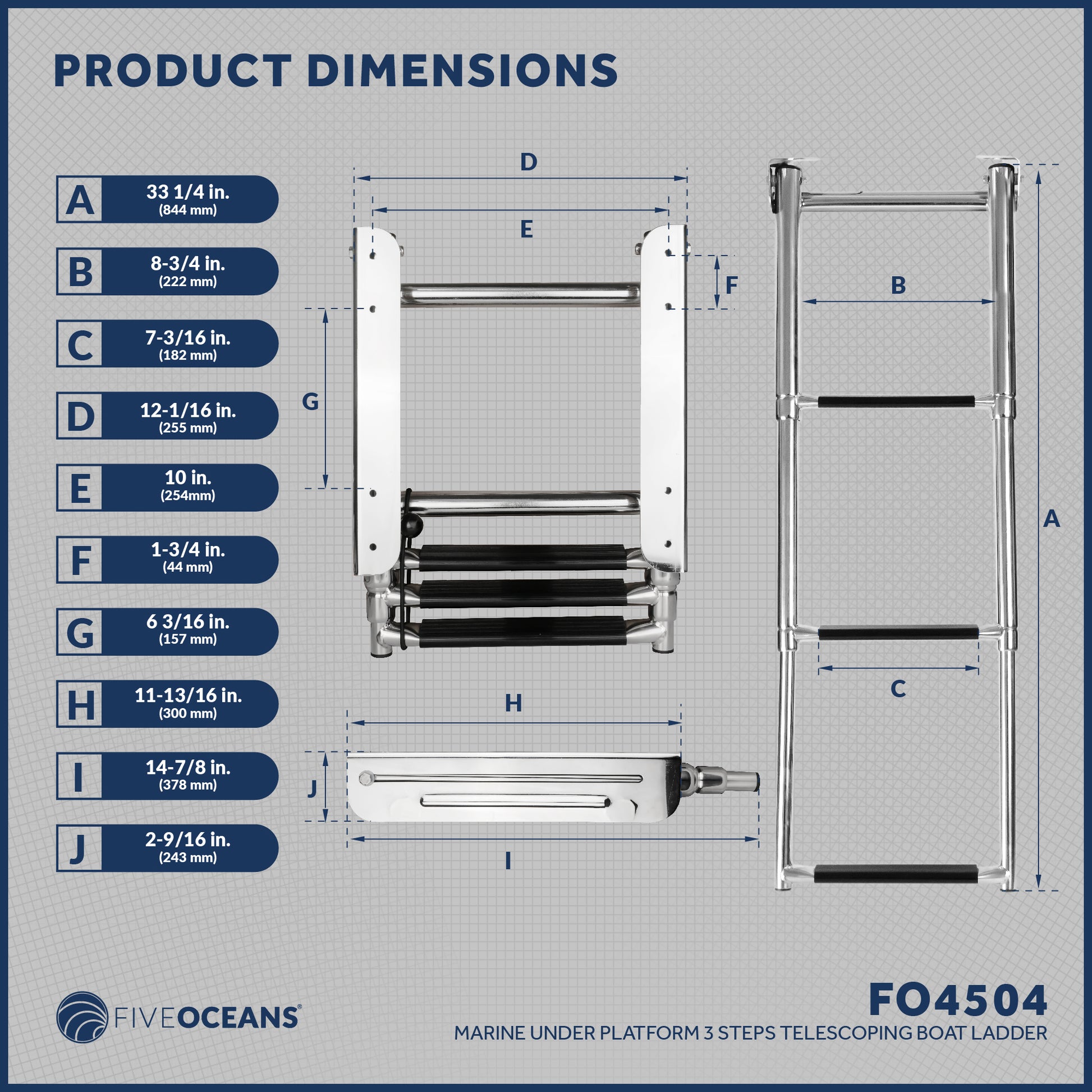 3 Step Boat Under Platform Telescoping Ladder, Stainless Steel - FO4504 - Five Oceans