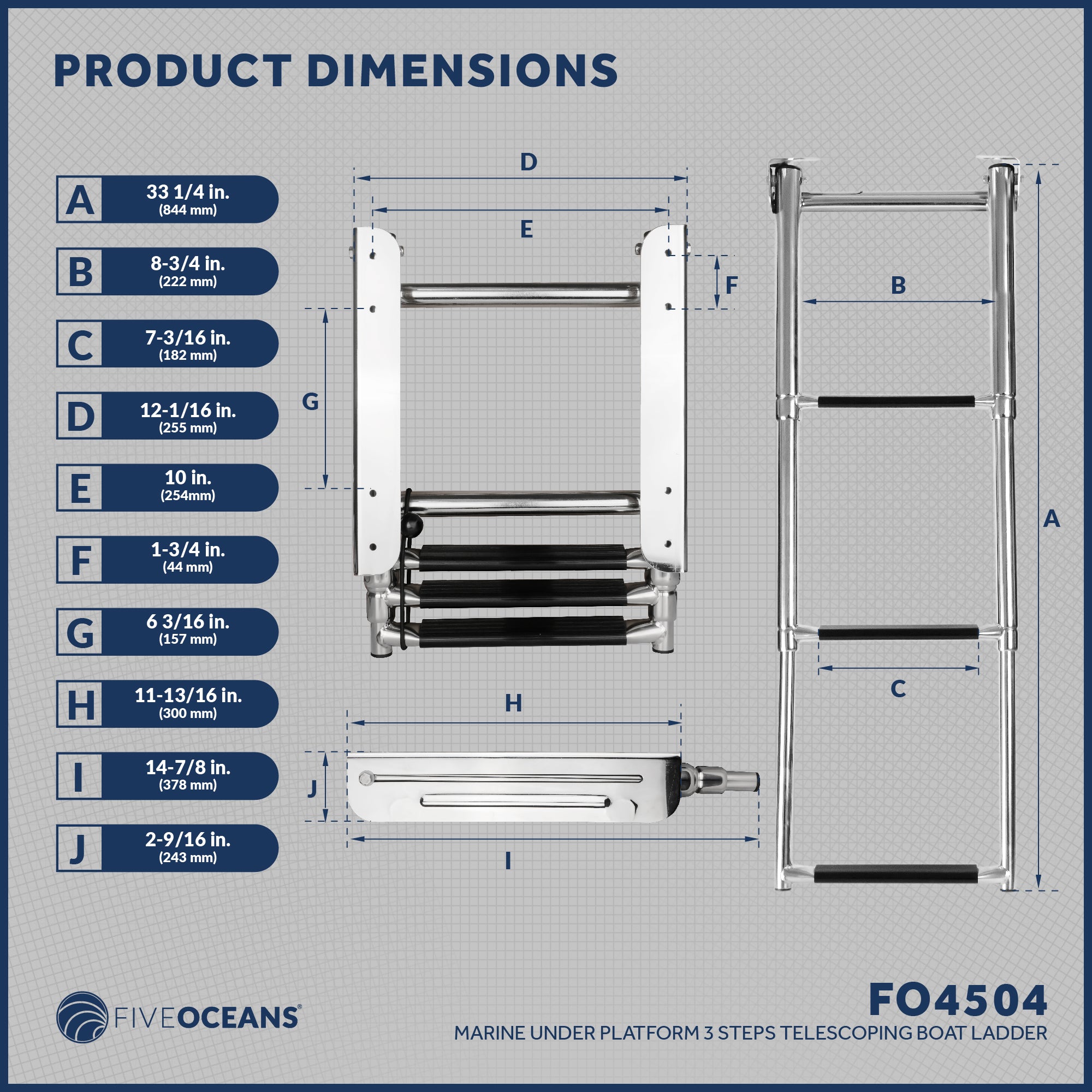 3 Step Boat Under Platform Telescoping Ladder, Stainless Steel - FO4504 - Five Oceans