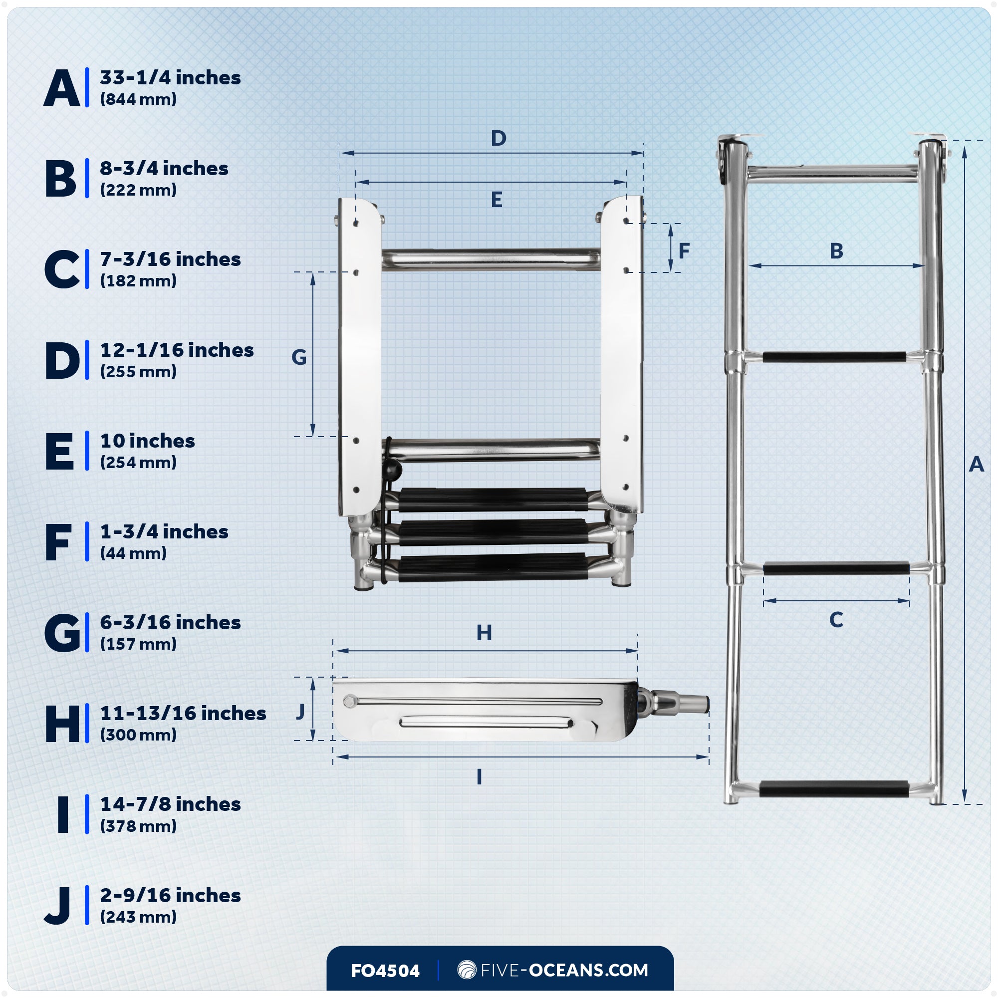 3-Step Under Platform Telescoping Swim Ladder, AISI316 Stainless Steel - FO4504 - Five Oceans
