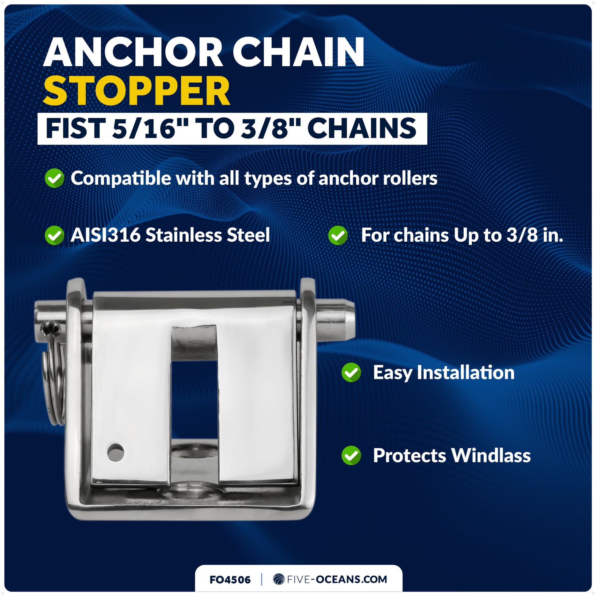 Anchor Chain Stopper - Fits 5/16" to 3/8" Chain, Stainless Steel - FO4506 - Five Oceans