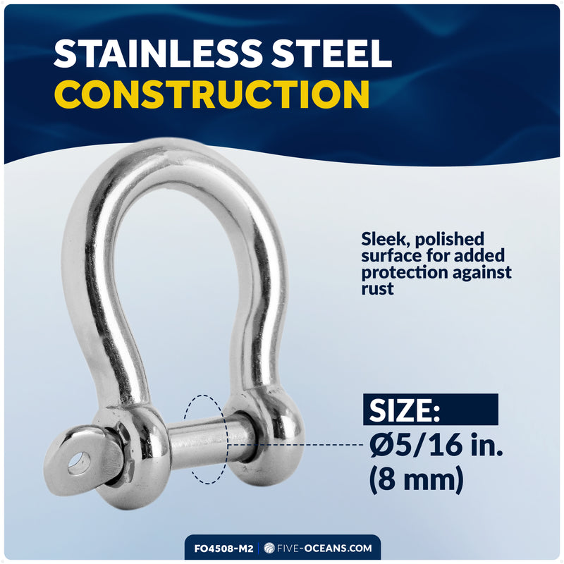 5/16" Screw Pin Bow Anchor Shackle, AISI316 Stainless Steel, 2-Pack