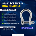 5/16" Captive Screw Pin Bow Anchor Shackle, AISI316 Stainless Steel