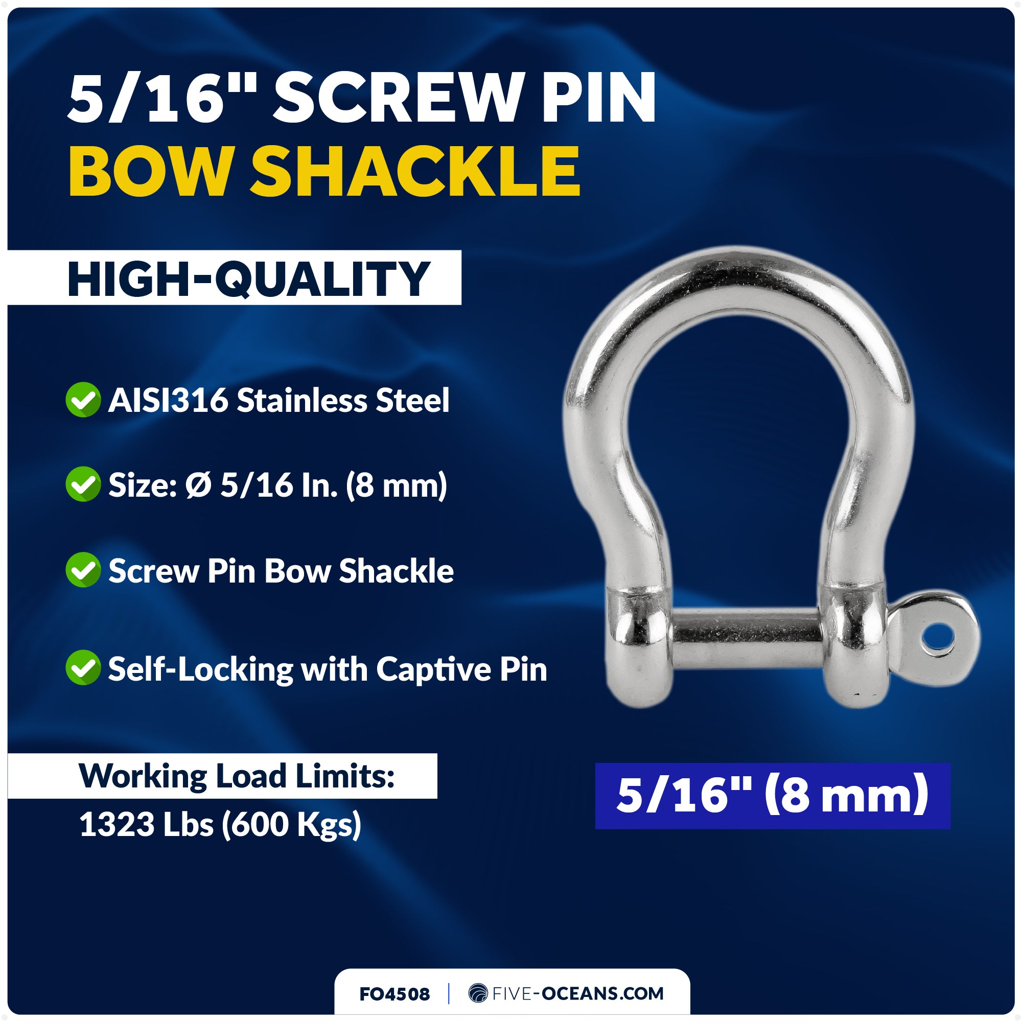 5/16" Screw Pin Bow Shackle, AISI316 Stainless Steel - FO4508 - Five Oceans