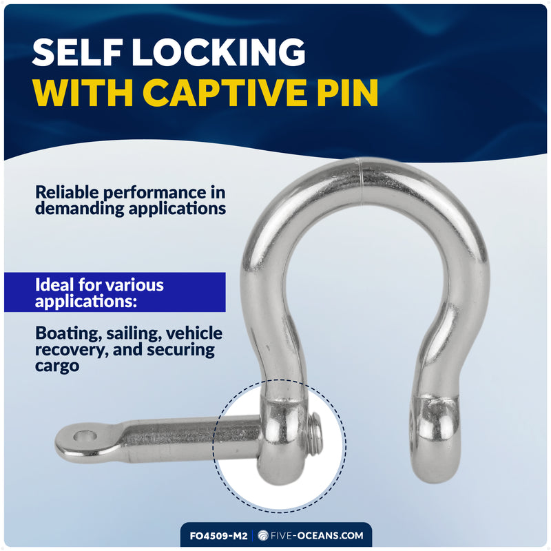 3/8" Screw Pin Bow Anchor Shackle, AISI316 Stainless Steel, 2-Pack
