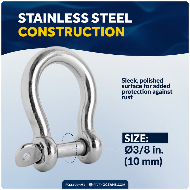 3/8" Screw Pin Bow Anchor Shackle, AISI316 Stainless Steel, 2-Pack