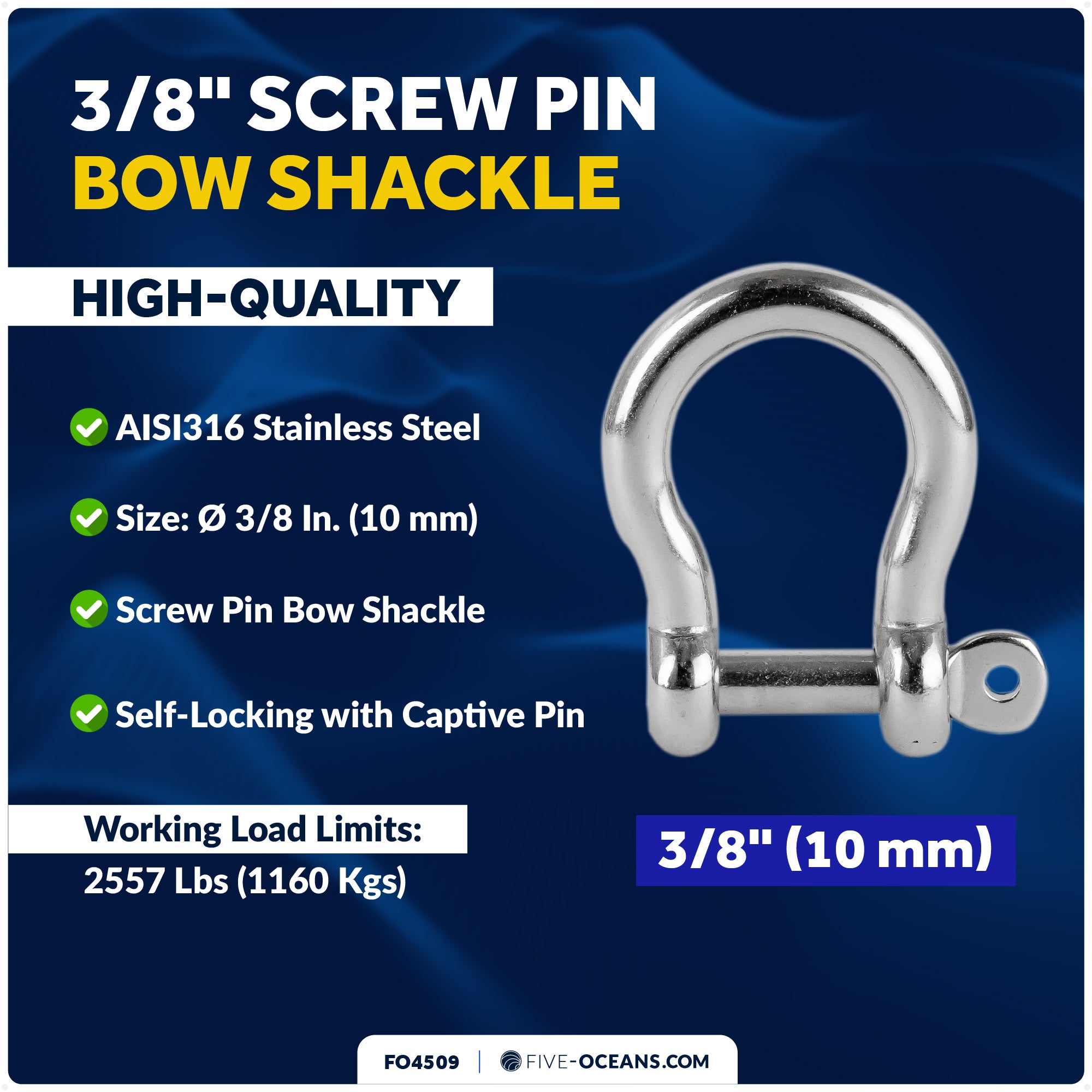 3/8" Screw Pin Bow Shackle, AISI316 Stainless Steel - FO4509