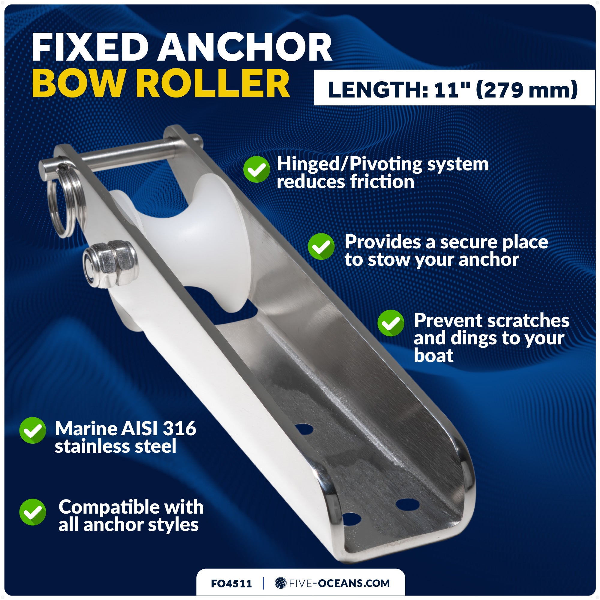 Fixed Anchor Bow Roller, Length11", Stainless Steel - FO4511
