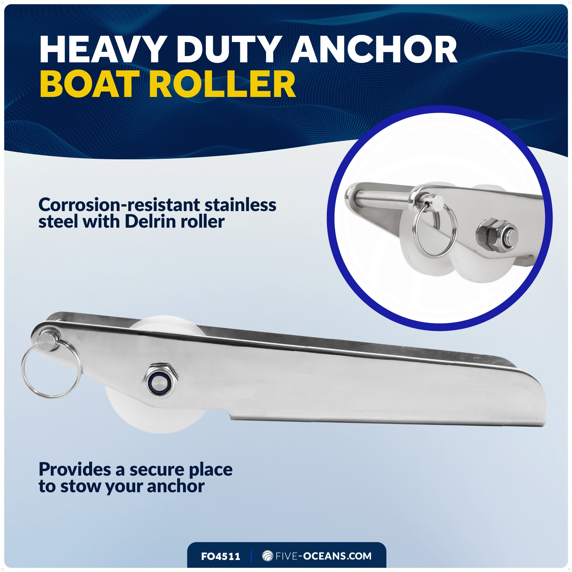 Fixed Anchor Bow Roller, Length11", Stainless Steel - FO4511
