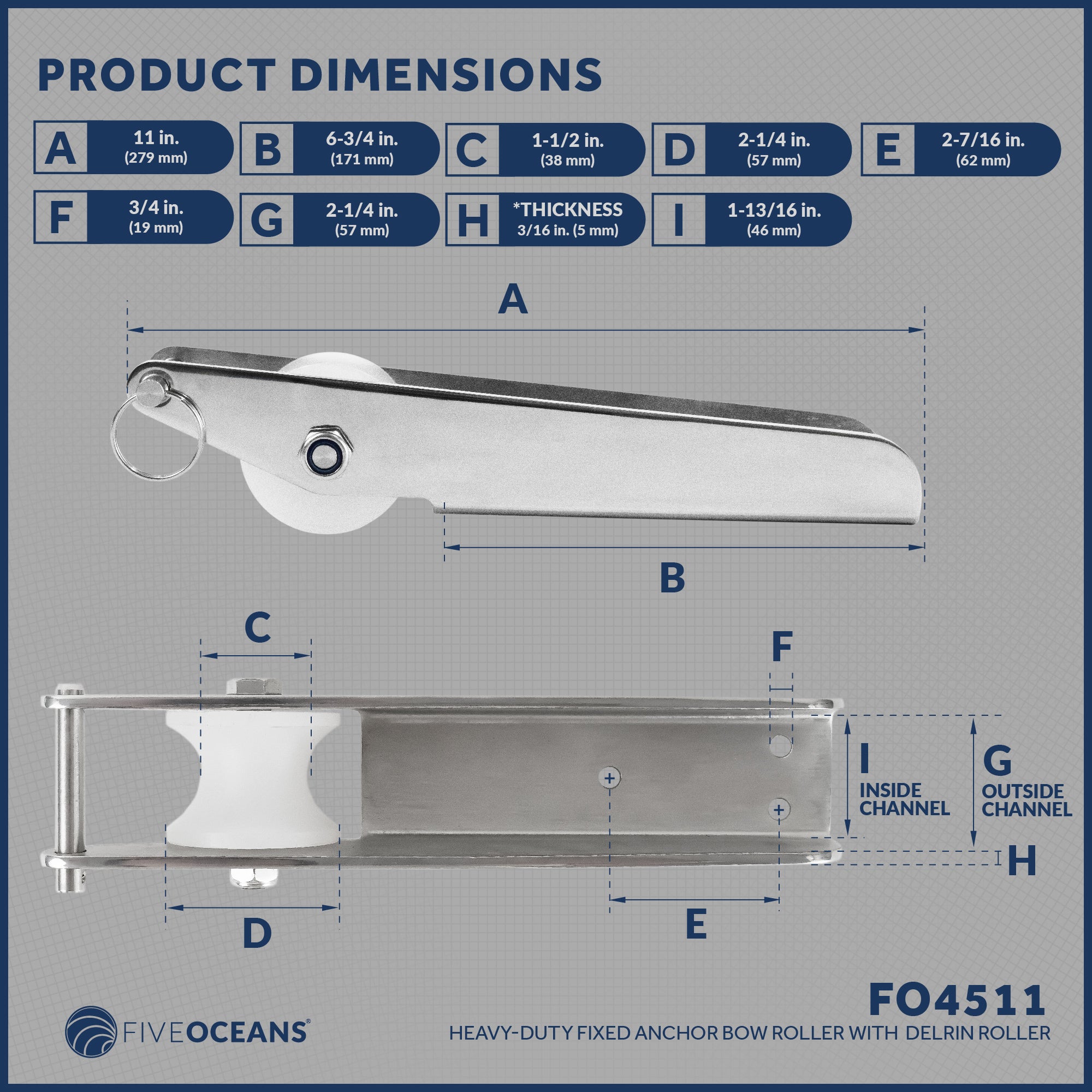 Fixed Anchor Bow Roller, Length11", Stainless Steel - FO4511 - Five Oceans