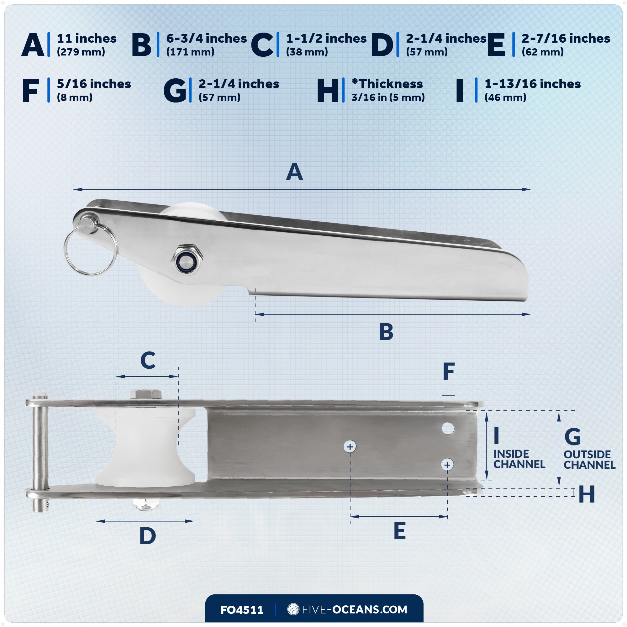 Fixed Anchor Bow Roller, Length11", Stainless Steel - FO4511