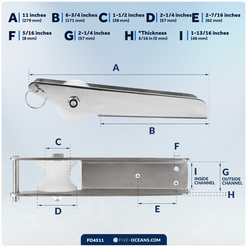 11" Universal Anchor Bow Roller, AISI316 Stainless Steel - FO4511 - Five Oceans