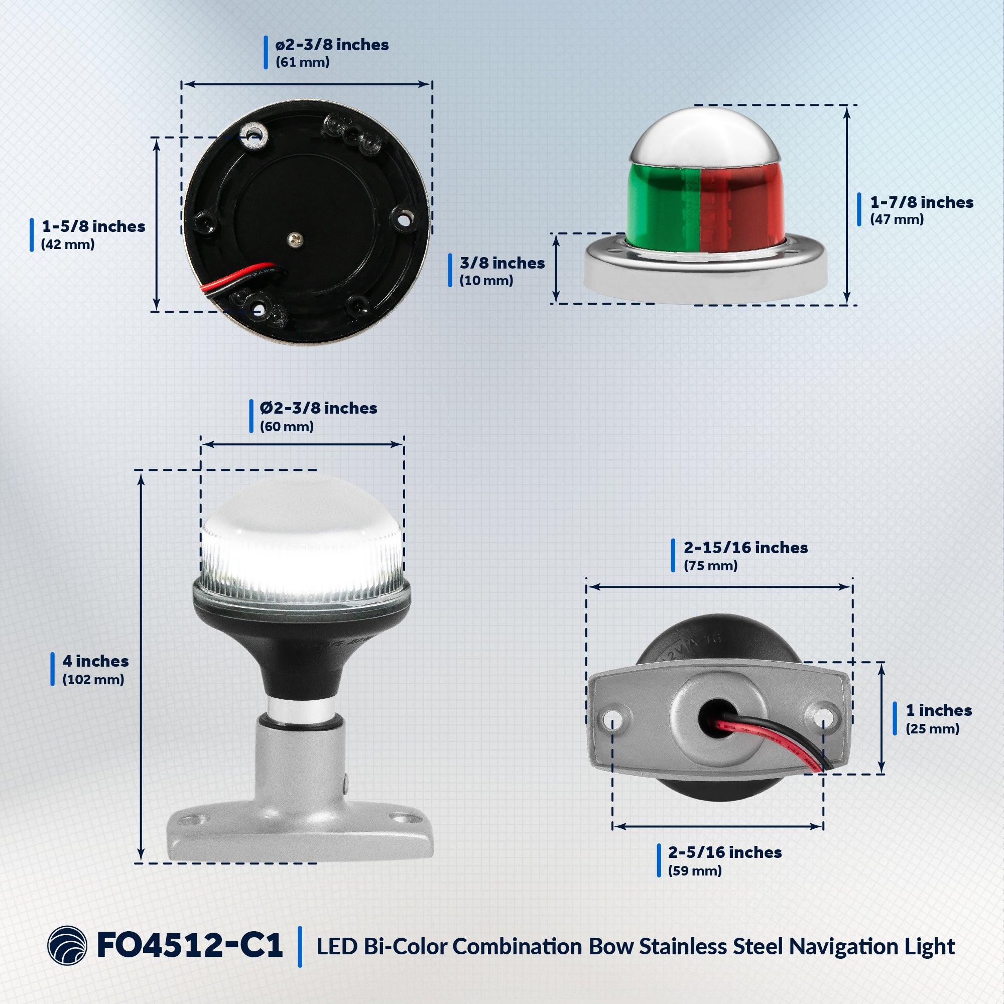 LED Bi-Color & Anchor Navigation Light Kit, 12V DC - 2NM - FO4512-C1 - Five Oceans