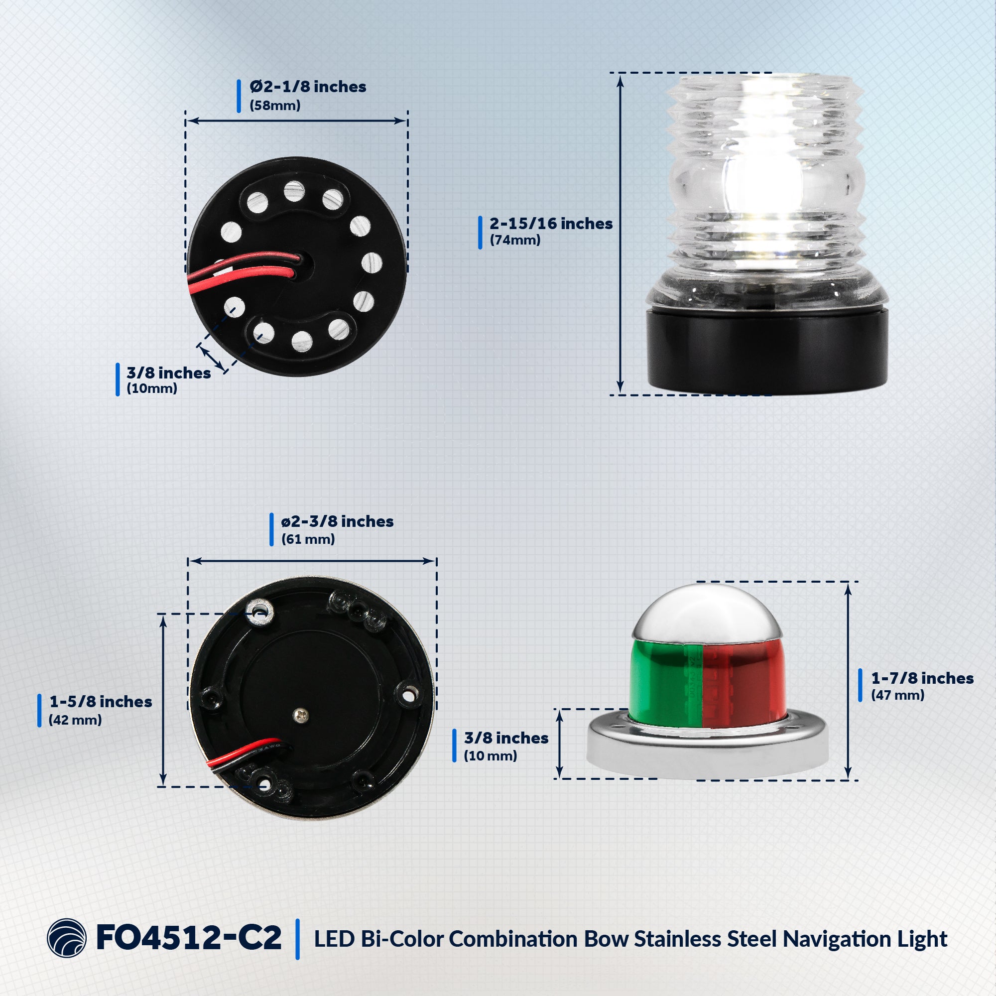 LED Bi-Color & Anchor Navigation Light Kit, 12V DC - 2NM - FO4512-C2 - Five Oceans