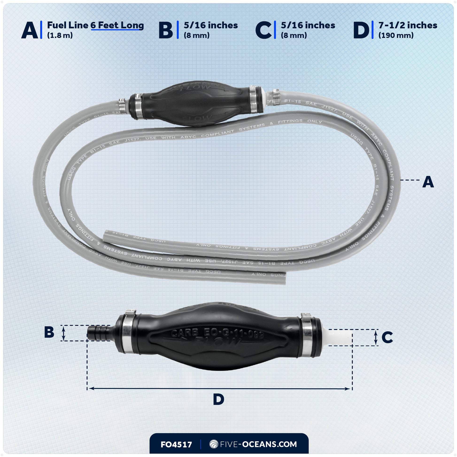 5/16" Universal Outboard Fuel Line with Primer Bulb, 6-Foot Long, 6' Long, EPA/CARB - FO4517 - Five Oceans