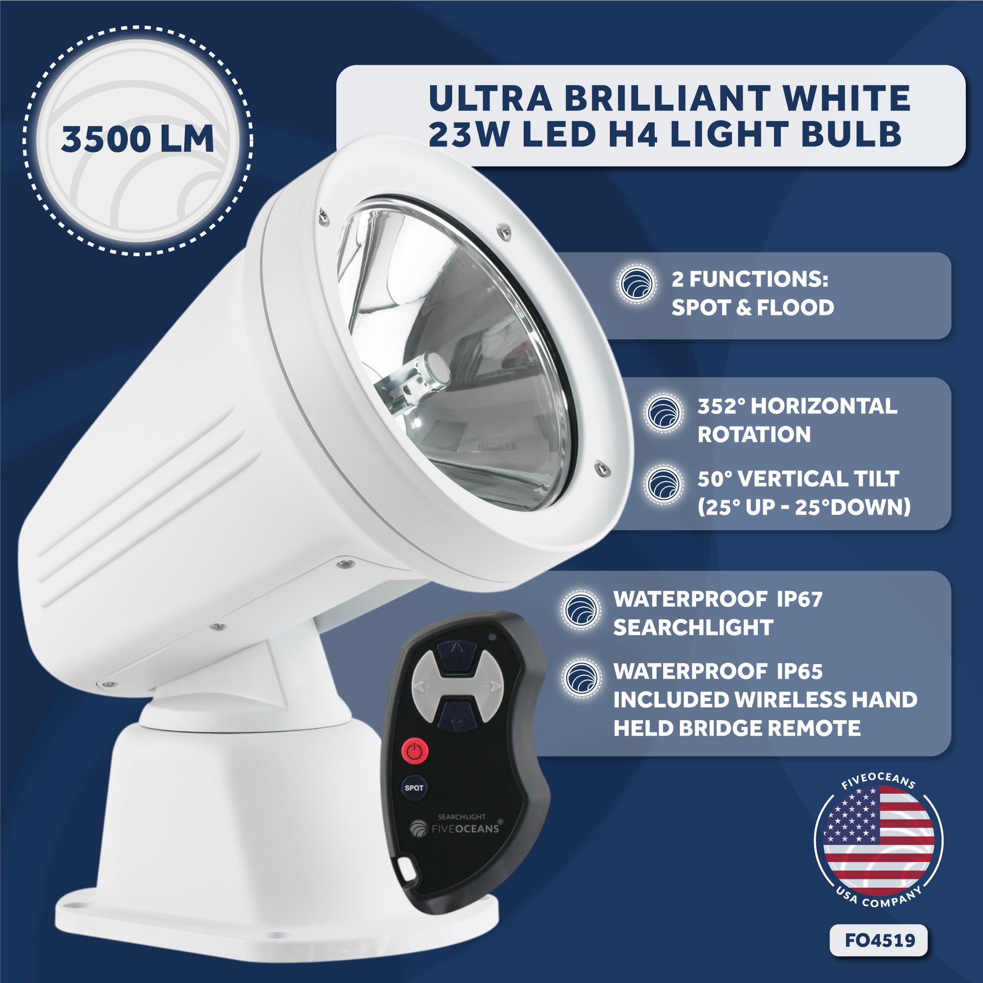 Boat Spotlight, LED Wireless Remote Controlled 3500 LM, 12V DC - FO4519 - Five Oceans