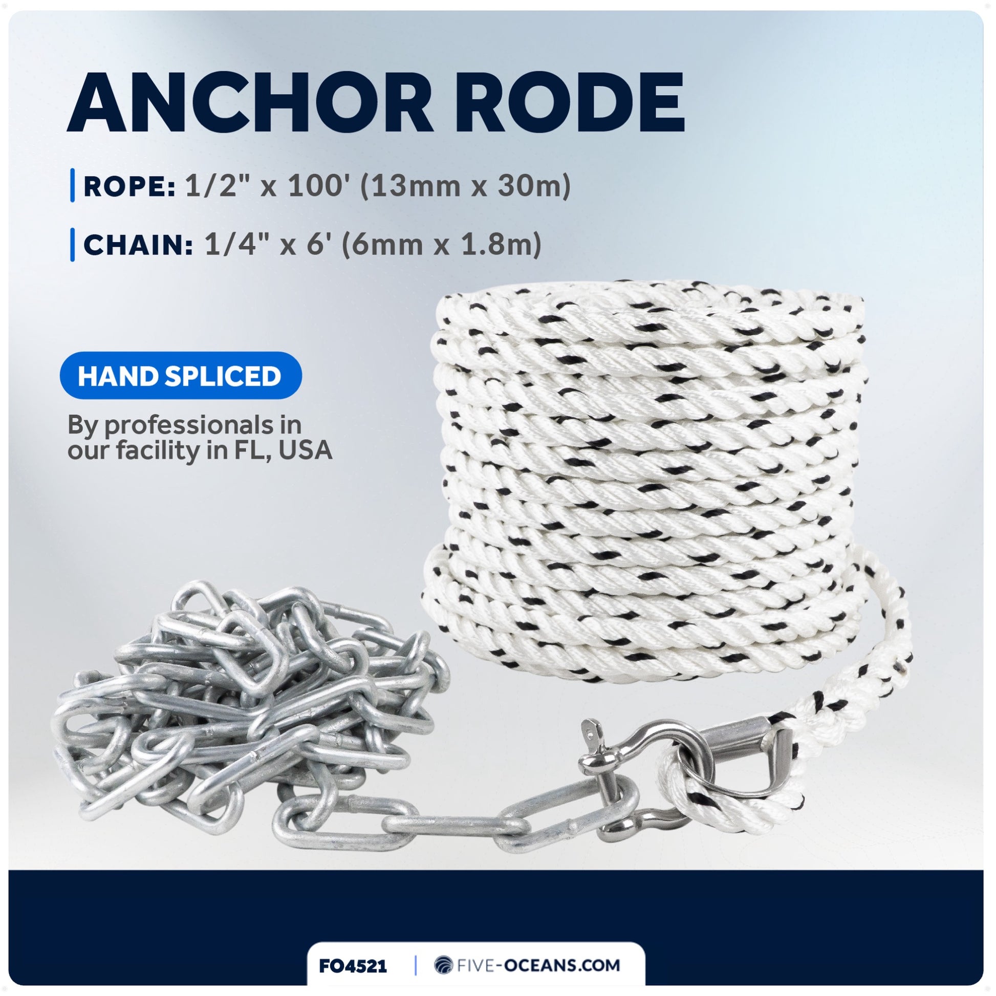 Anchor Rode, 1/2" x 100' Nylon 3-Strand Rope, 1/4" x 6' Hot Dipped Galvanized Steel Chain - FO4521 - Five Oceans