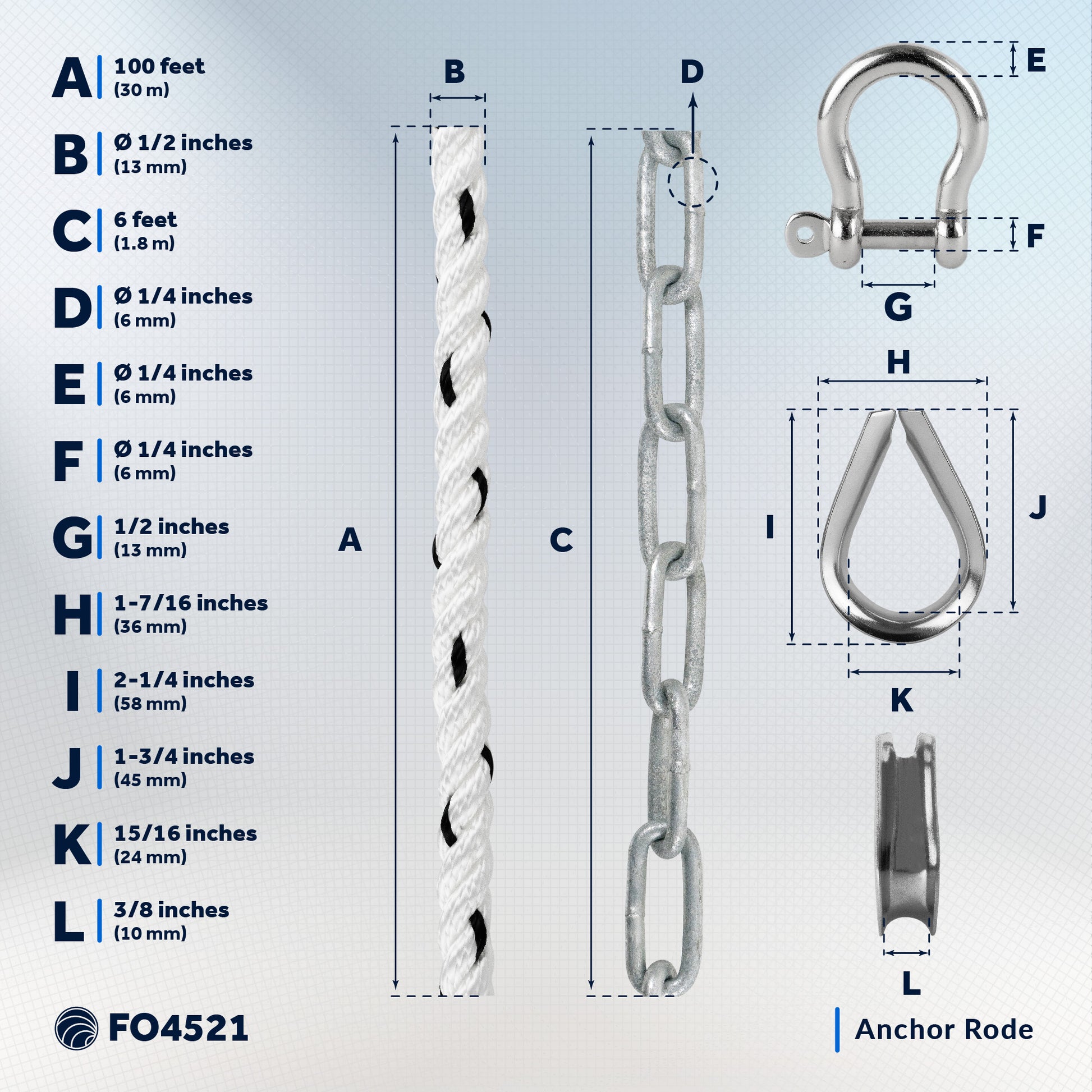 Anchor Rode, 1/2" x 100' Nylon 3-Strand Rope, 1/4" x 6' Hot Dipped Galvanized Steel Chain - FO4521 - Five Oceans