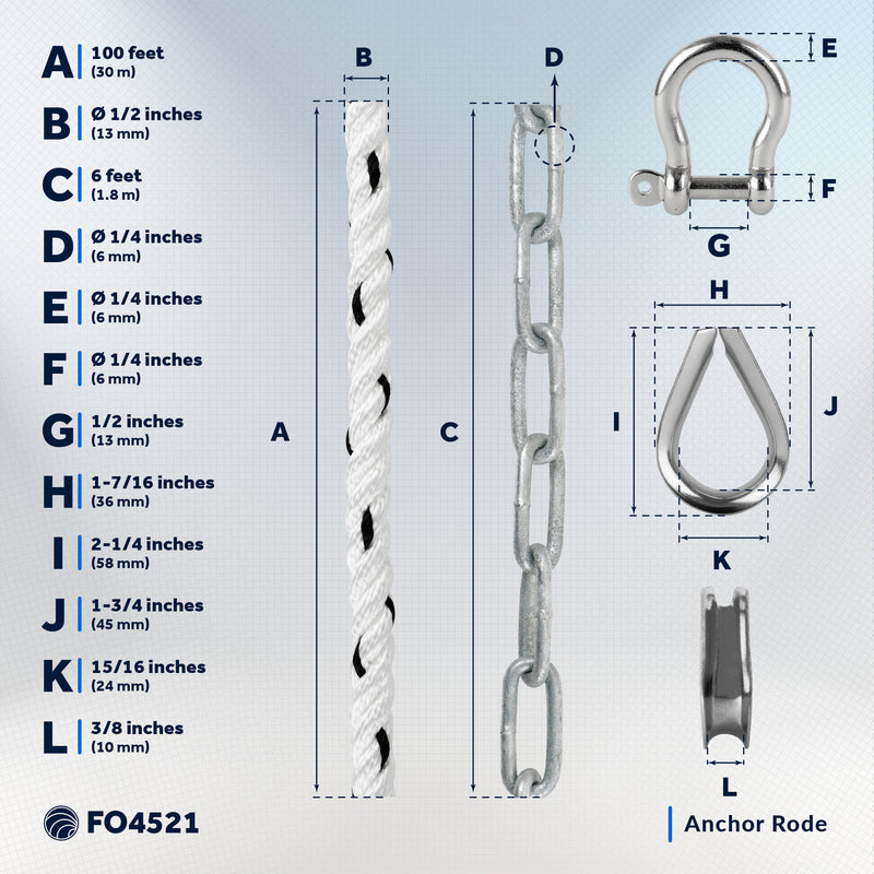 Anchor Rode, 1/2" x 100' Rope with 1/4" x 6' Galvanized Chain - FO4521 - Five Oceans