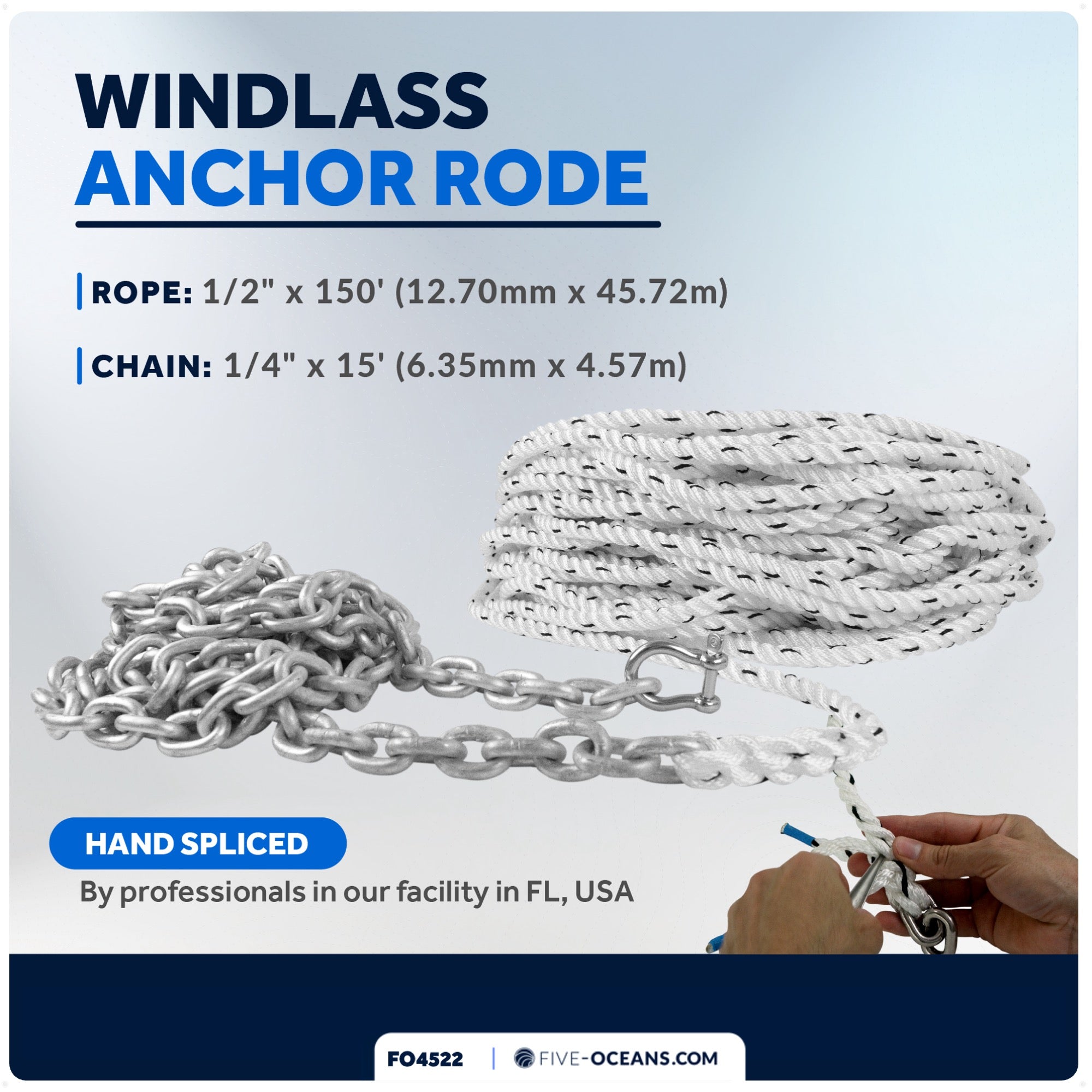 Windlass Anchor Rode, 1/2" x 150' Nylon 3-Strand Rope, 1/4" x 15'  G4 Hot-Dipped Galvanized Steel Chain - FO4522 - Five Oceans