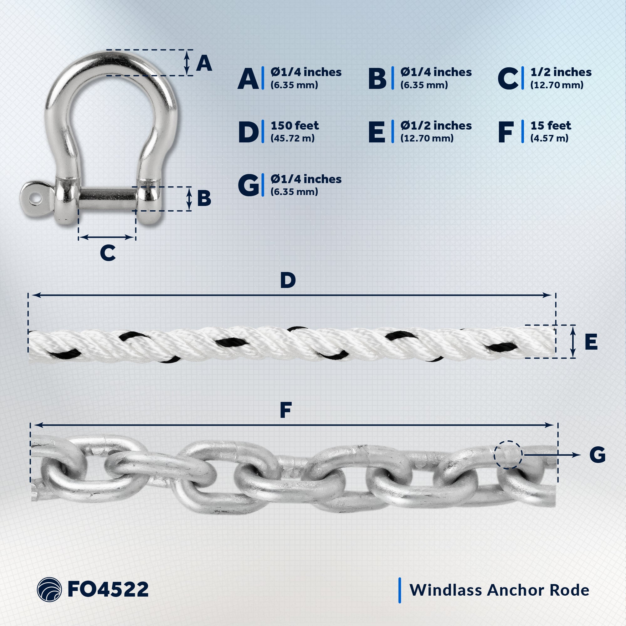 Windlass Anchor Rode, 1/2" x 150' Nylon 3-Strand Rope, 1/4" x 15'  G4 Hot-Dipped Galvanized Steel Chain - FO4522 - Five Oceans