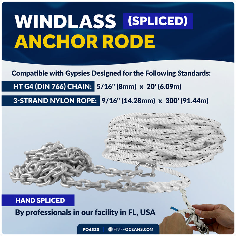Windlass Anchor Rode - 9/16" x 300' 3-Strand Rope & 5/16" x 20' HTG4 Galvanized Chain, Hand-Spliced