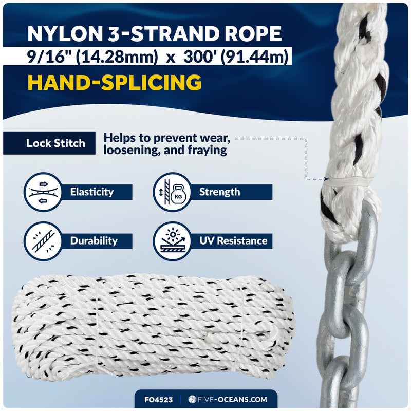 Windlass Anchor Rode - 9/16" x 300' 3-Strand Rope & 5/16" x 20' HTG4 Galvanized Chain, Hand-Spliced
