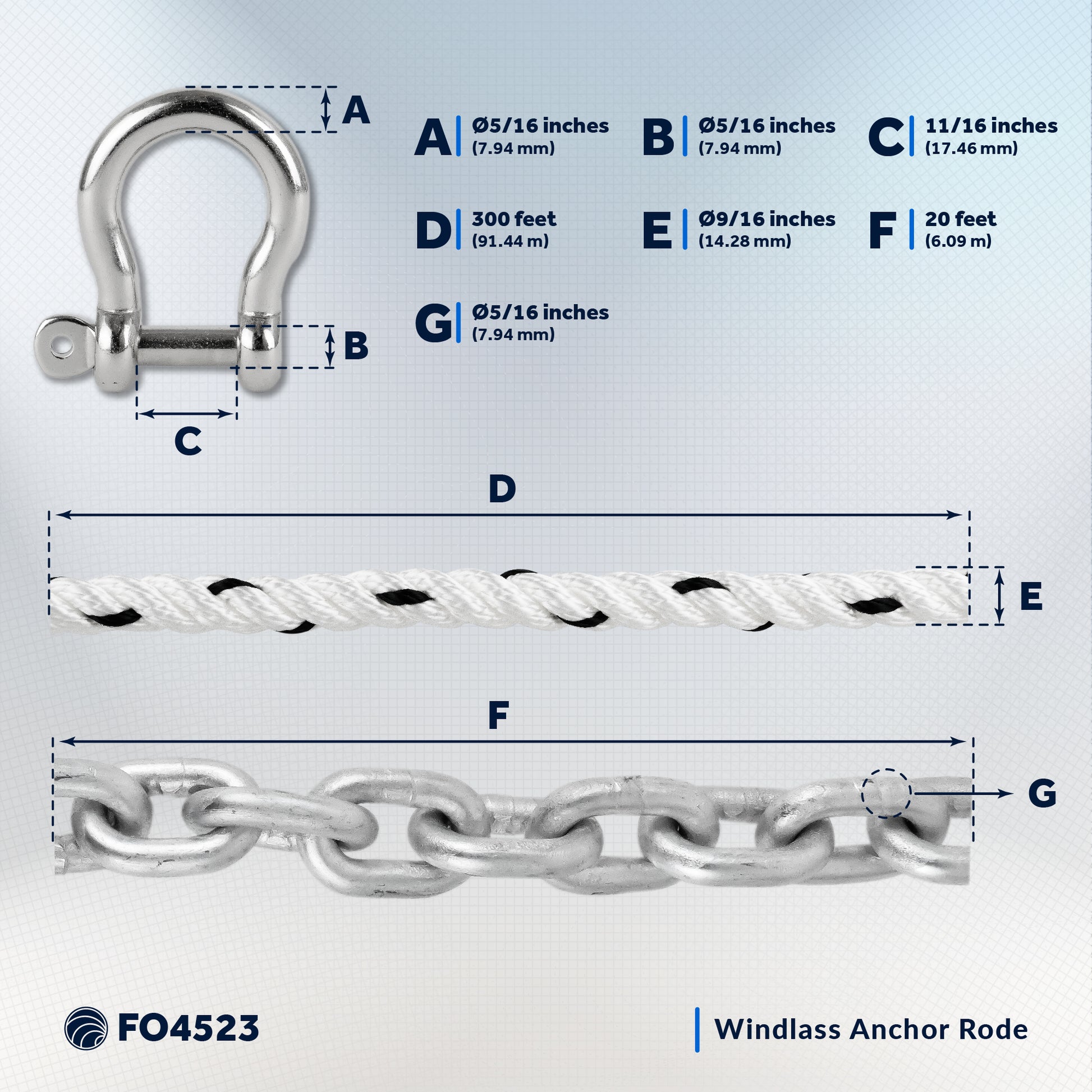 Windlass Anchor Rode, 9/16" x 300' Nylon 3-Strand Rope, 5/16" x 20' G4 Hot-Dipped Galvanized Galvanized Steel Chain - FO4523 - Five Oceans