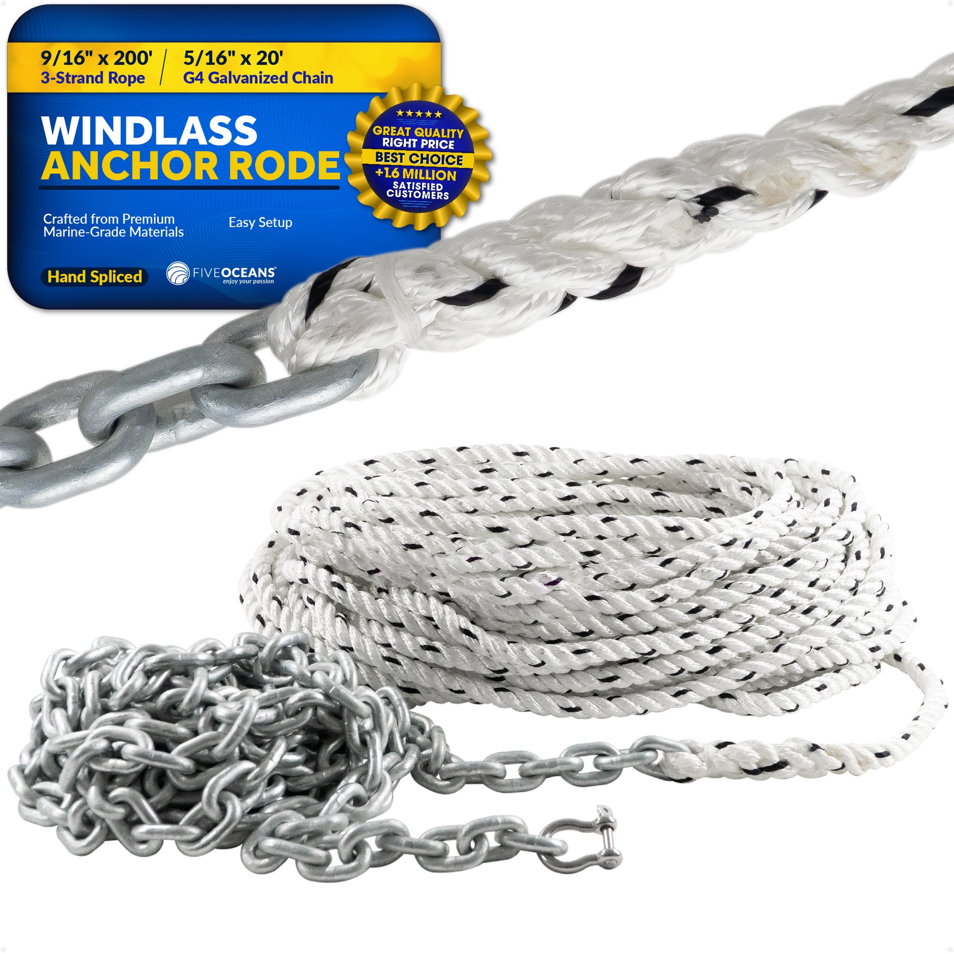 Windlass Anchor Rode, 9/16" x 200' Nylon 3-Strand Rope, 5/16" x 20' G4 Hot-Dipped Galvanized Steel Chain - FO4524 - Five Oceans