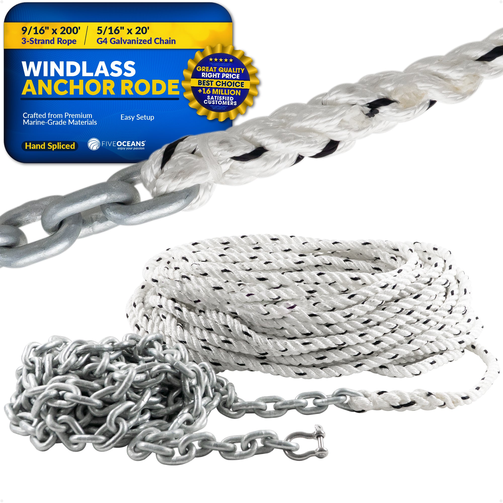 Windlass Anchor Rode, 9/16" x 200' Nylon 3-Strand Rope, 5/16" x 20' G4 Hot-Dipped Galvanized Steel Chain - FO4524 - Five Oceans
