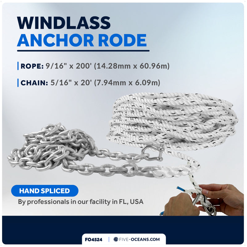 Windlass Anchor Rode, 9/16"x200' Rope with 5/16"x20' G4 Galvanized Chain - FO4524 - Five Oceans
