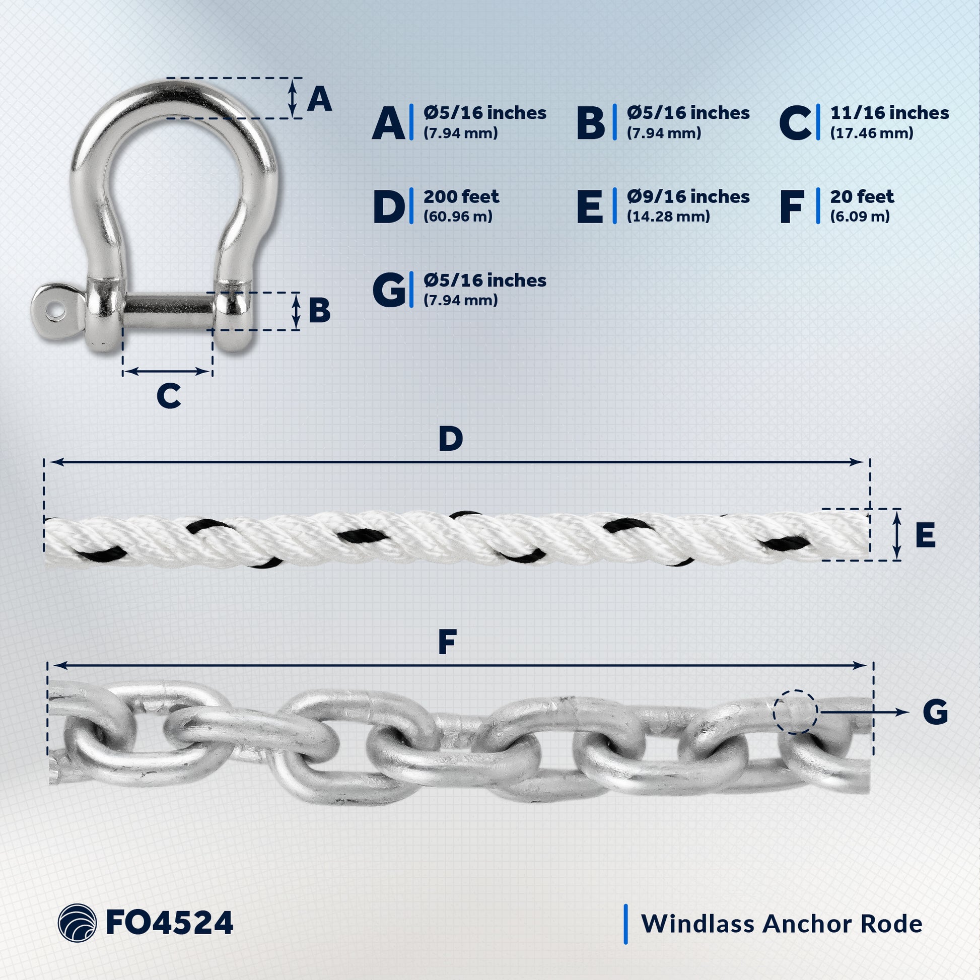 Windlass Anchor Rode, 9/16" x 200' Nylon 3-Strand Rope, 5/16" x 20' G4 Hot-Dipped Galvanized Steel Chain - FO4524 - Five Oceans