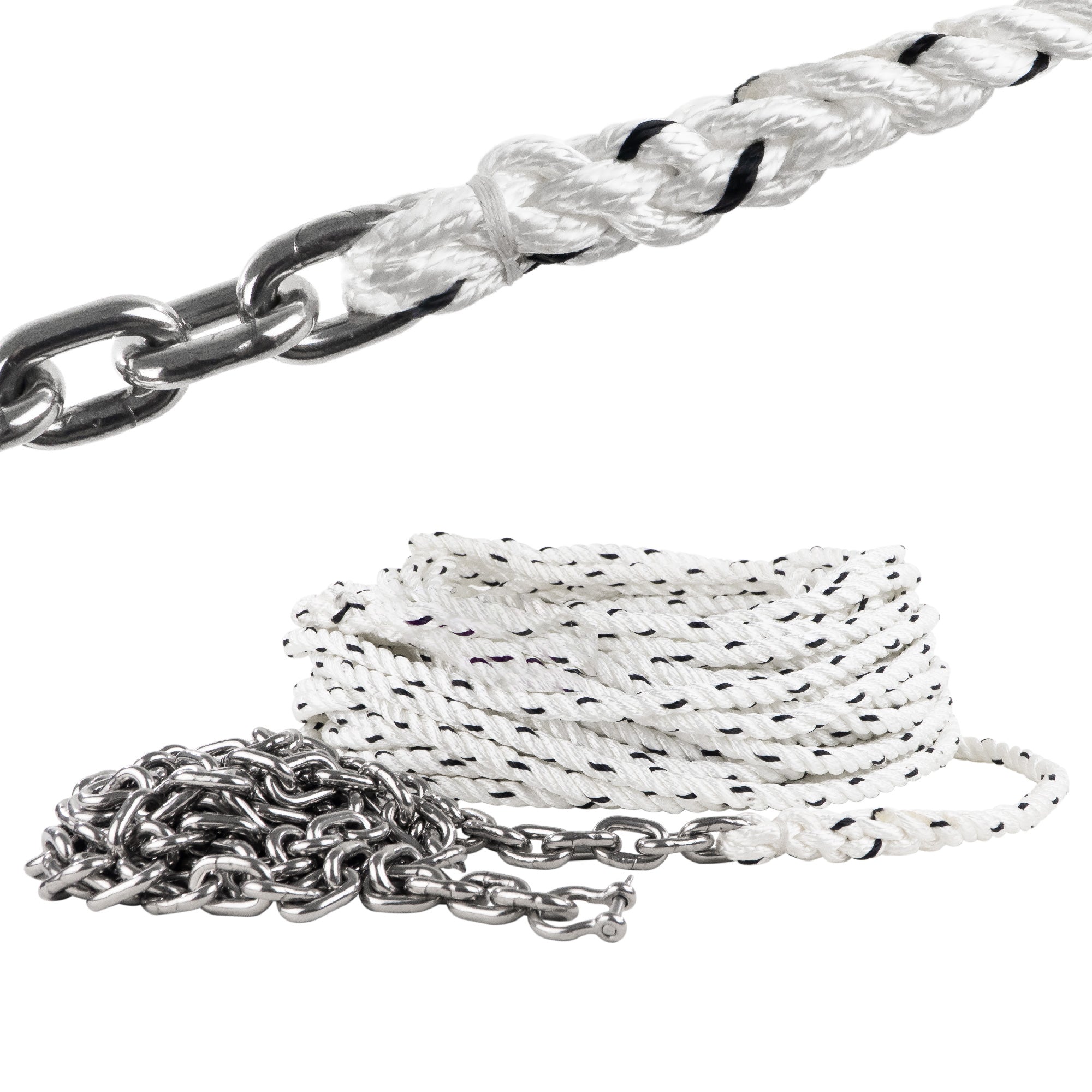 Windlass Anchor Rode, 1/2" x 100' Nylon 3-Strand Rope, 1/4 x 10' G4 Stainless Steel Chain - FO4526