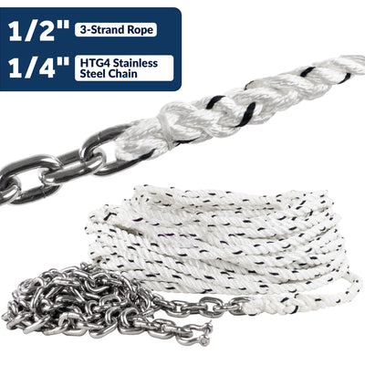 Windlass Anchor Rode, 1/2" 3-Strand Rope with 1/4" HTG4 Stainless Steel Chain - Five Oceans