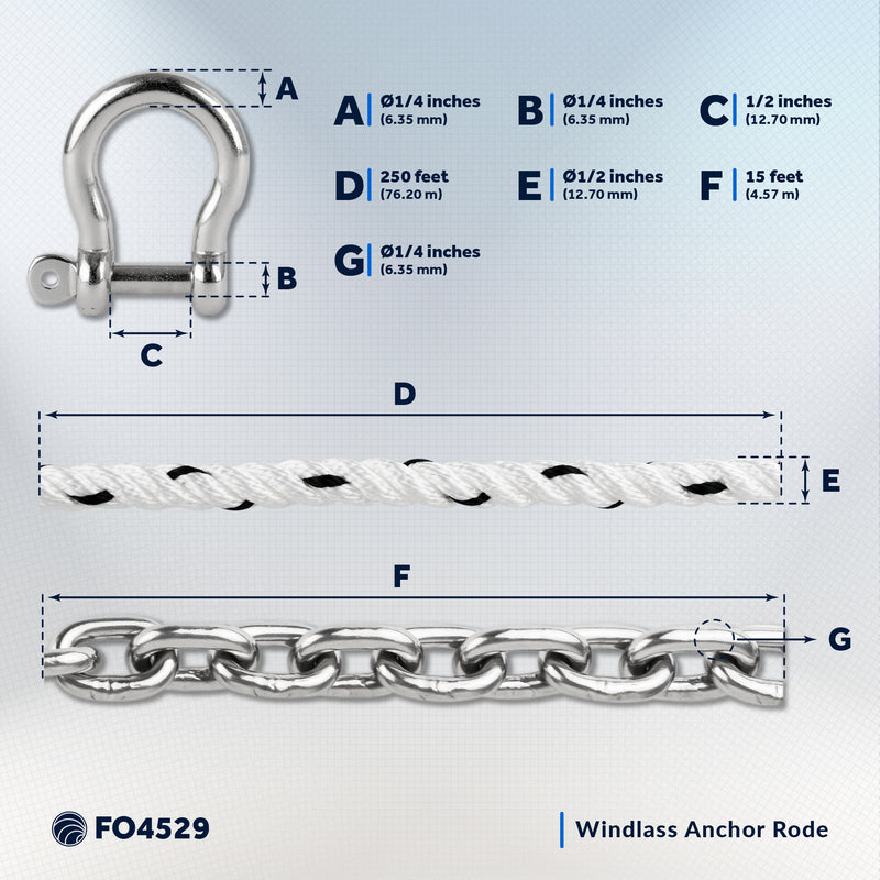 Windlass Anchor Rode, 1/2" x 250' Rope with 1/4" x 15' G4 Stainless Steel Chain - FO4529 - Five Oceans