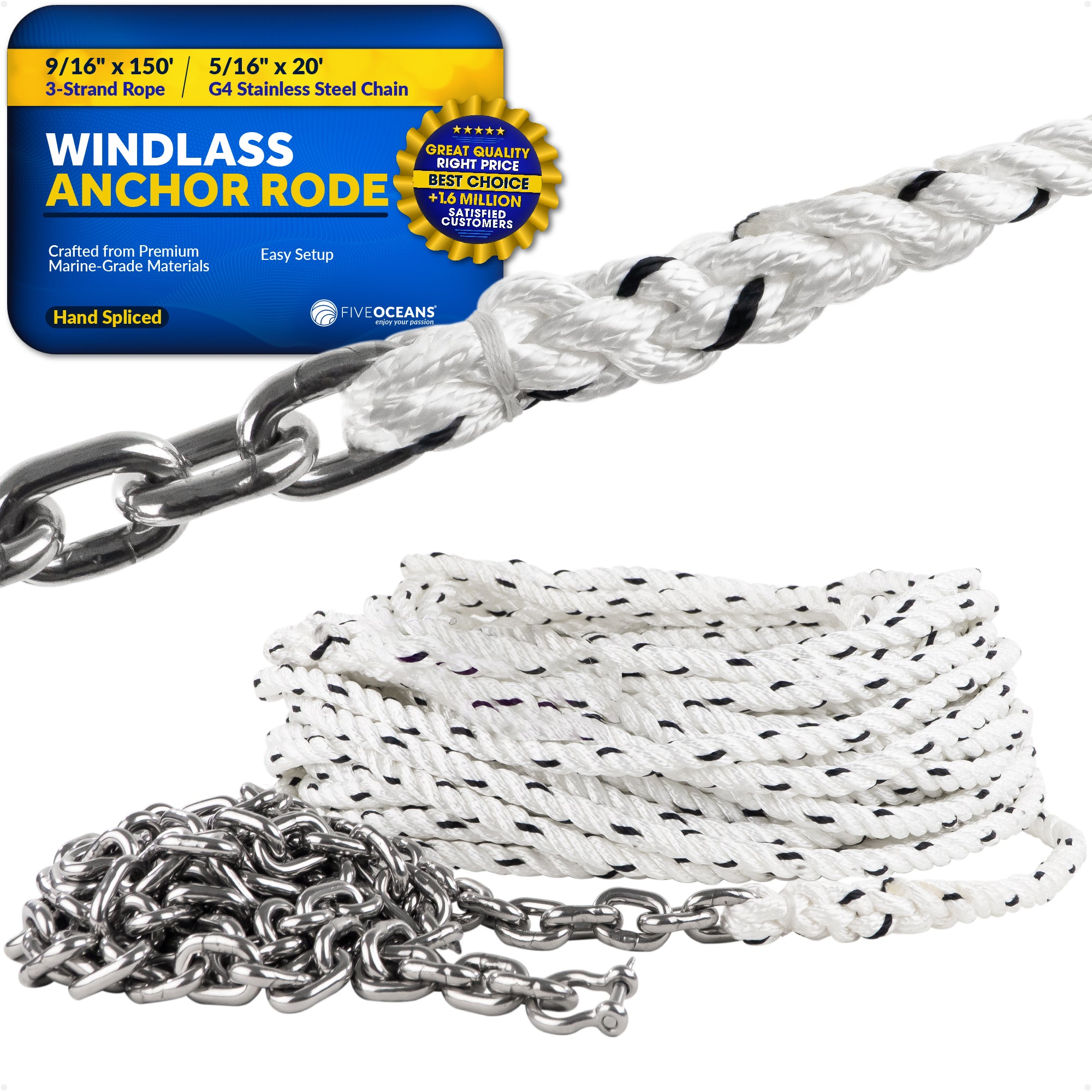 Windlass Anchor Rode, 9/16" x 150' Nylon 3-Strand Rope, 5/16 x 20' G4 Stainless Steel Chain - FO4530